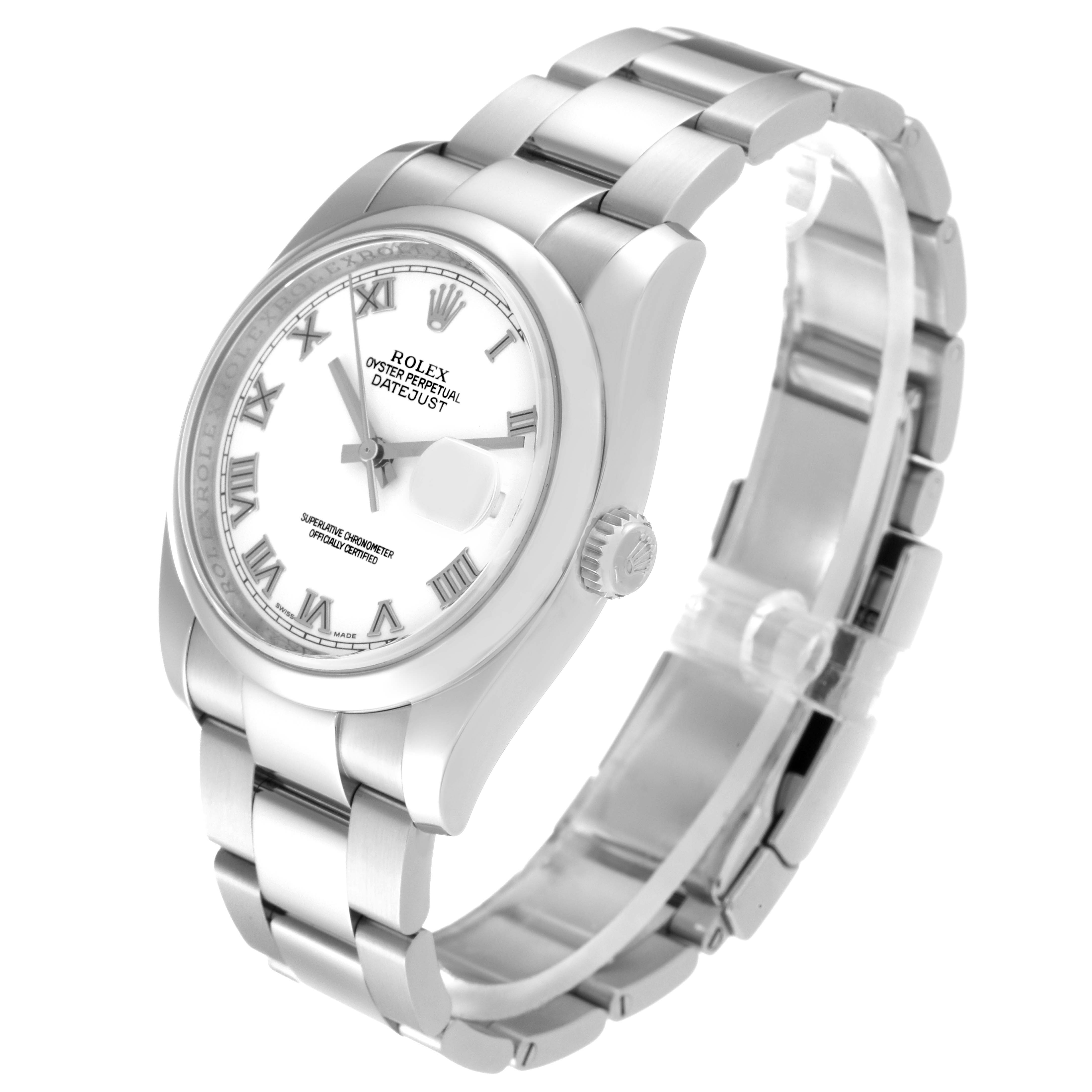 This image shows a side-angle view of a Rolex Datejust 116200 Men's Stainless Steel White Dial 116200 Men's Stainless Steel White Dial watch, highlighting its bezel, dial, crown, and bracelet.