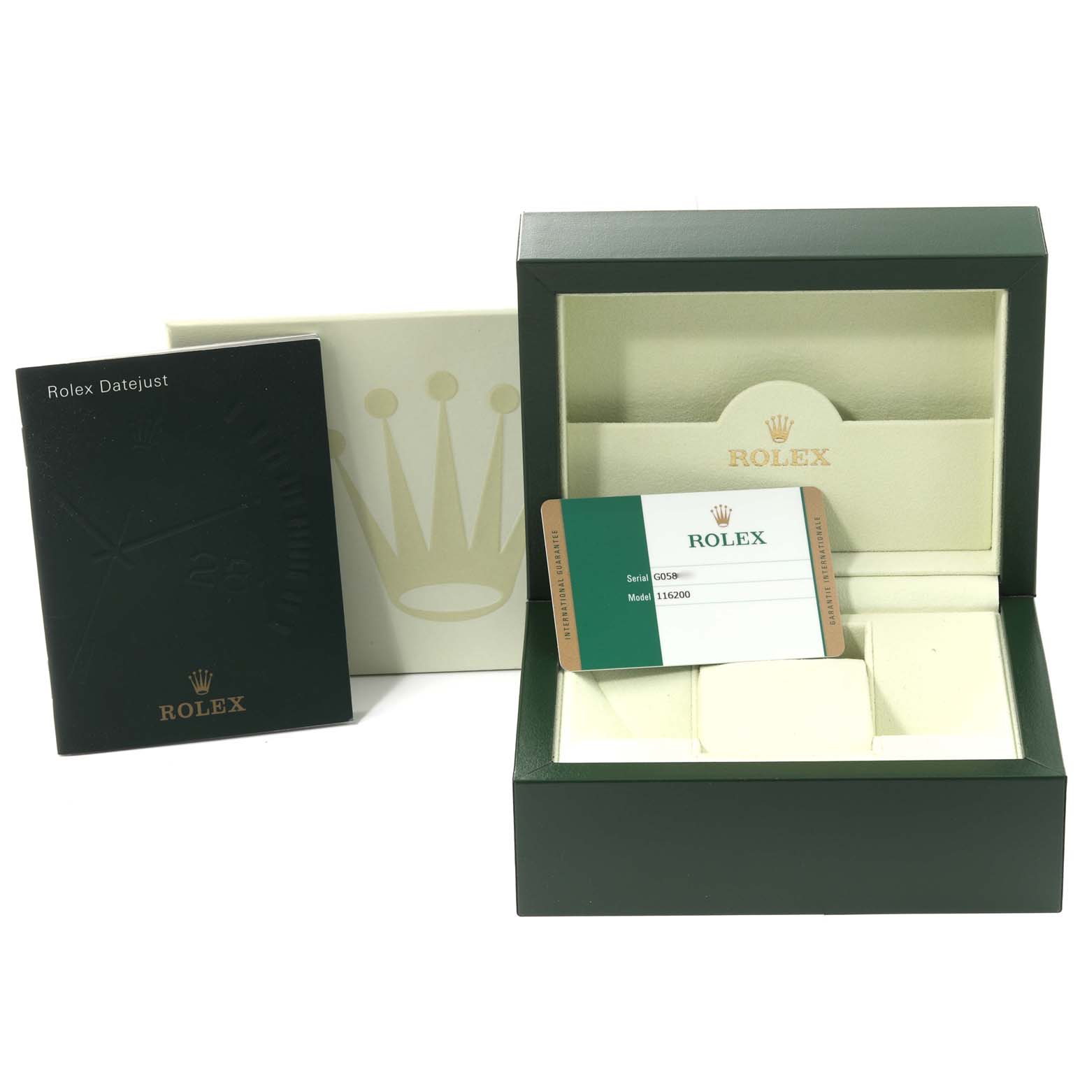 The image shows the box, instruction manual, and warranty card for a Rolex Datejust 116200 Men's Stainless Steel White Dial 116200 Men's Stainless Steel White Dial model.