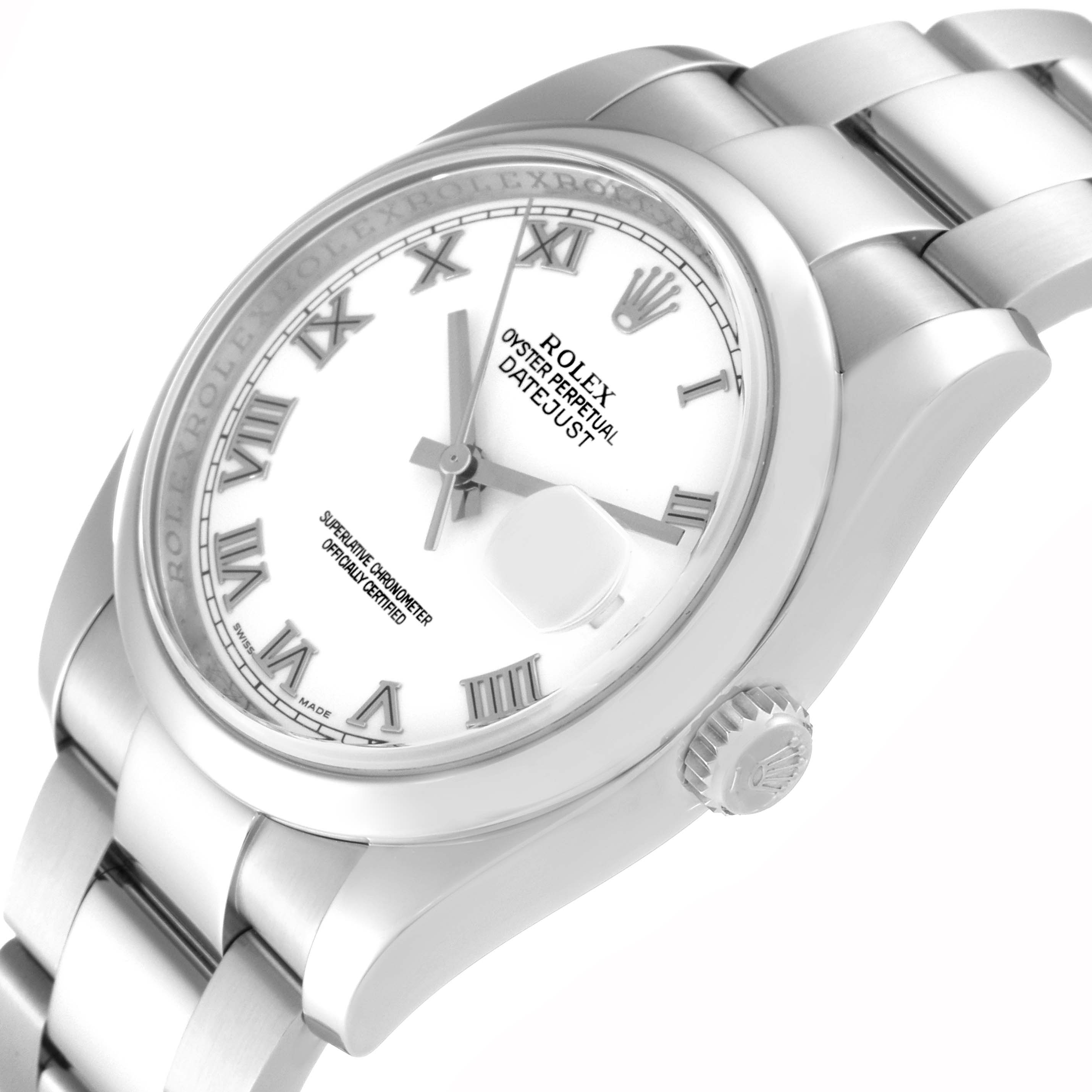 The image shows a close-up angle of the Rolex Datejust 116200 Men's Stainless Steel White Dial 116200 Men's Stainless Steel White Dial watch, highlighting its white dial, crown, and bracelet.