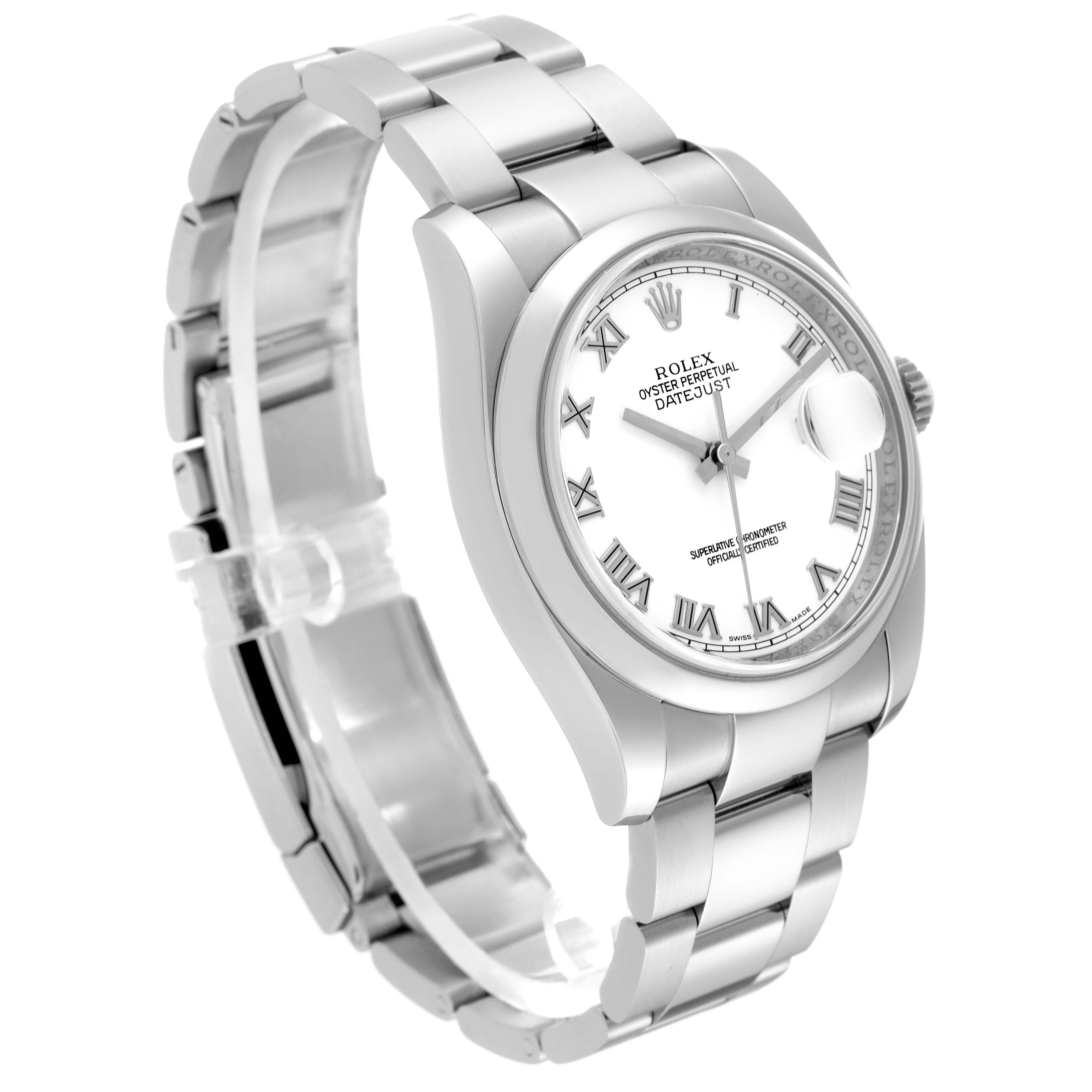 The image shows a Rolex Datejust 116200 Men's Stainless Steel White Dial 116200 Men's Stainless Steel White Dial watch from an angled side view, highlighting the dial, bezel, and stainless steel bracelet.