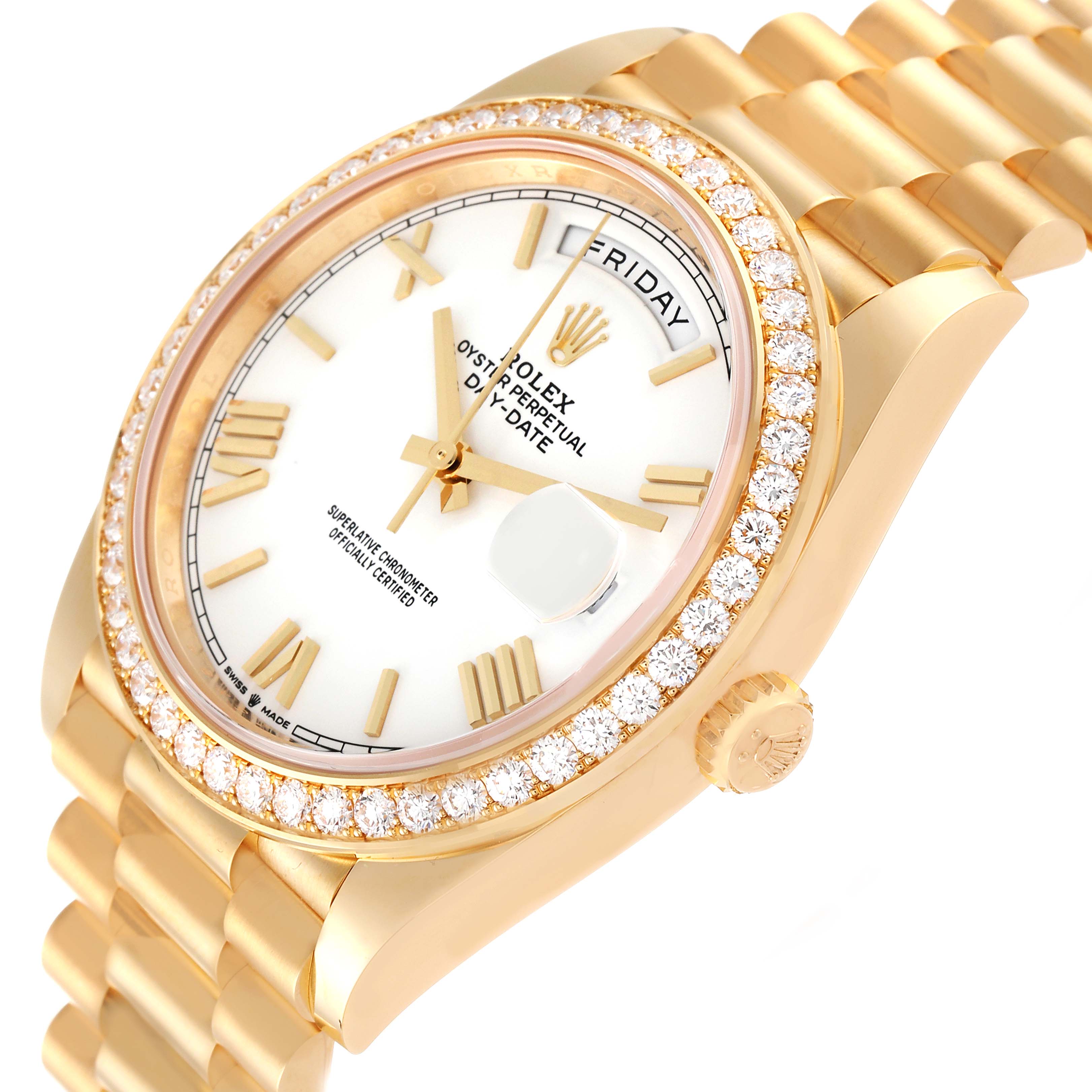 The image shows a close-up angle of a Rolex President 228348 Men
s Yellow Gold White Dial 228348 Men
s Yellow Gold White Dial model watch, displaying the face, bezel, and part of the bracelet.