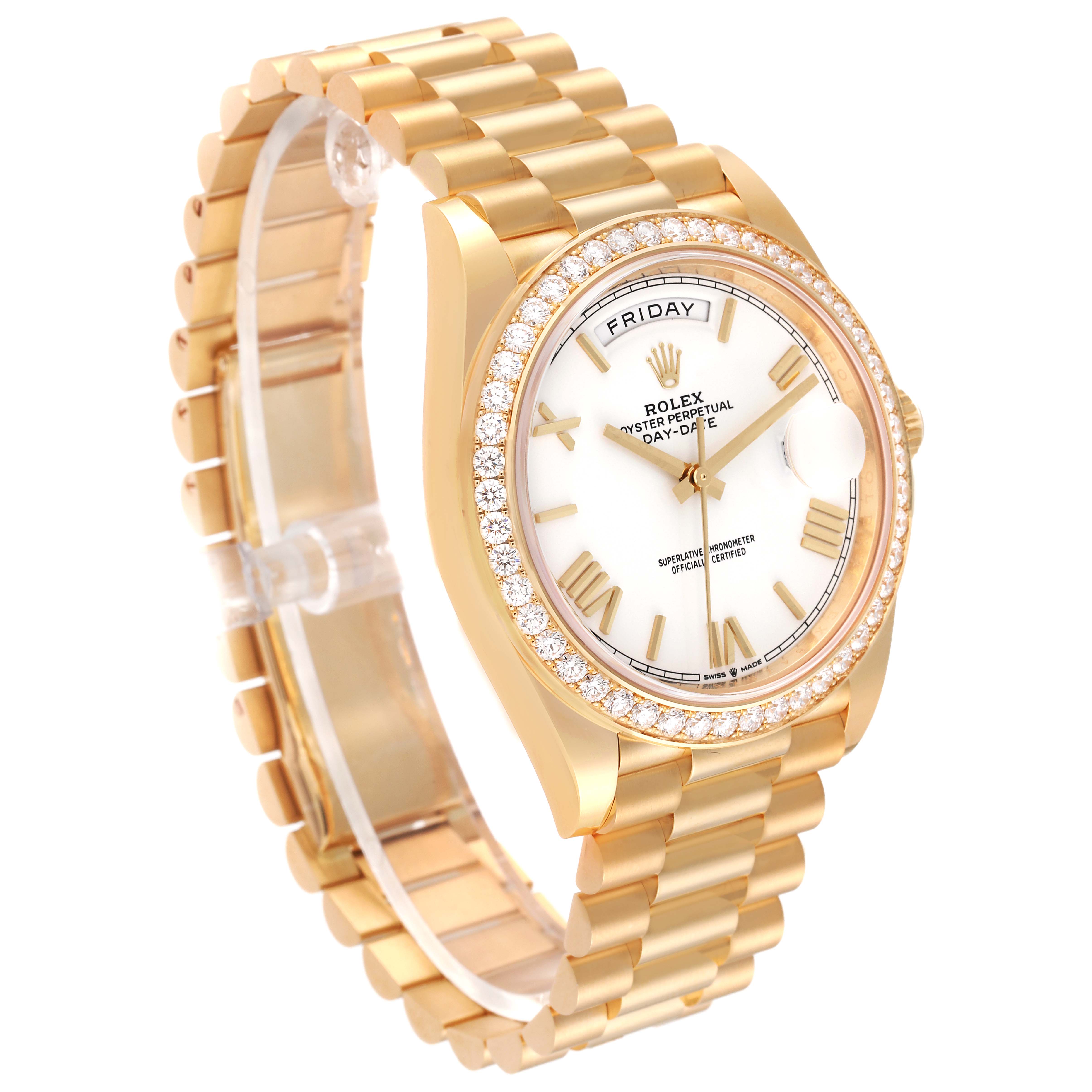 The Rolex President 228348 Men
s Yellow Gold White Dial 228348 Men
s Yellow Gold White Dial model watch is shown at an angle, highlighting its gold bracelet, white dial, and diamond bezel.