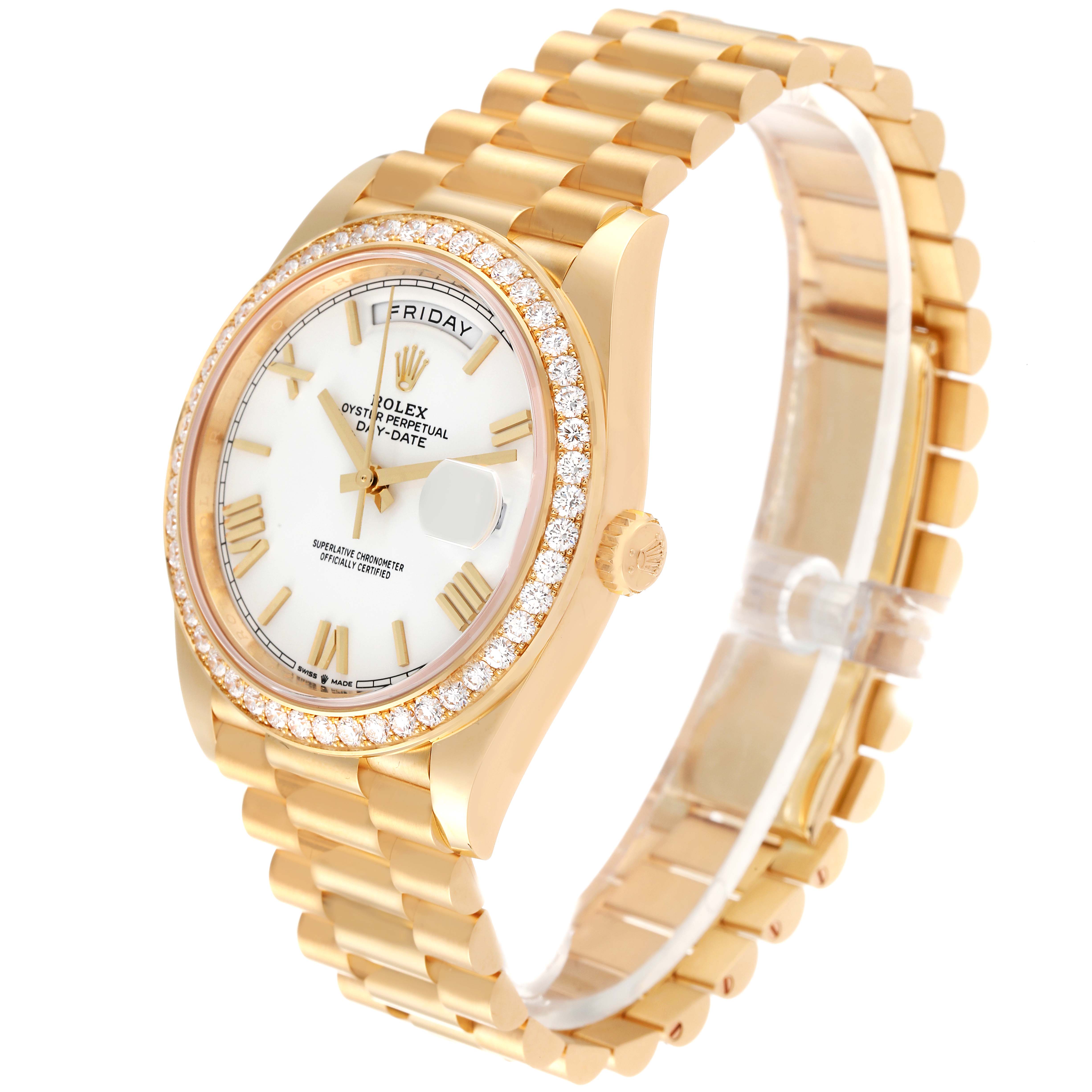 This image shows a side-angle view of a Rolex President 228348 Men
s Yellow Gold White Dial 228348 Men
s Yellow Gold White Dial model, highlighting the watch face, bezel, crown, and bracelet.