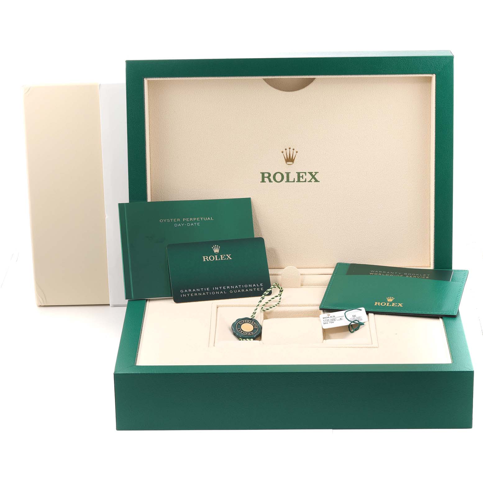 The image shows the packaging, warranty card, manuals, and tags for the Rolex President 228348 Men
s Yellow Gold White Dial 228348 Men
s Yellow Gold White Dial model watch.