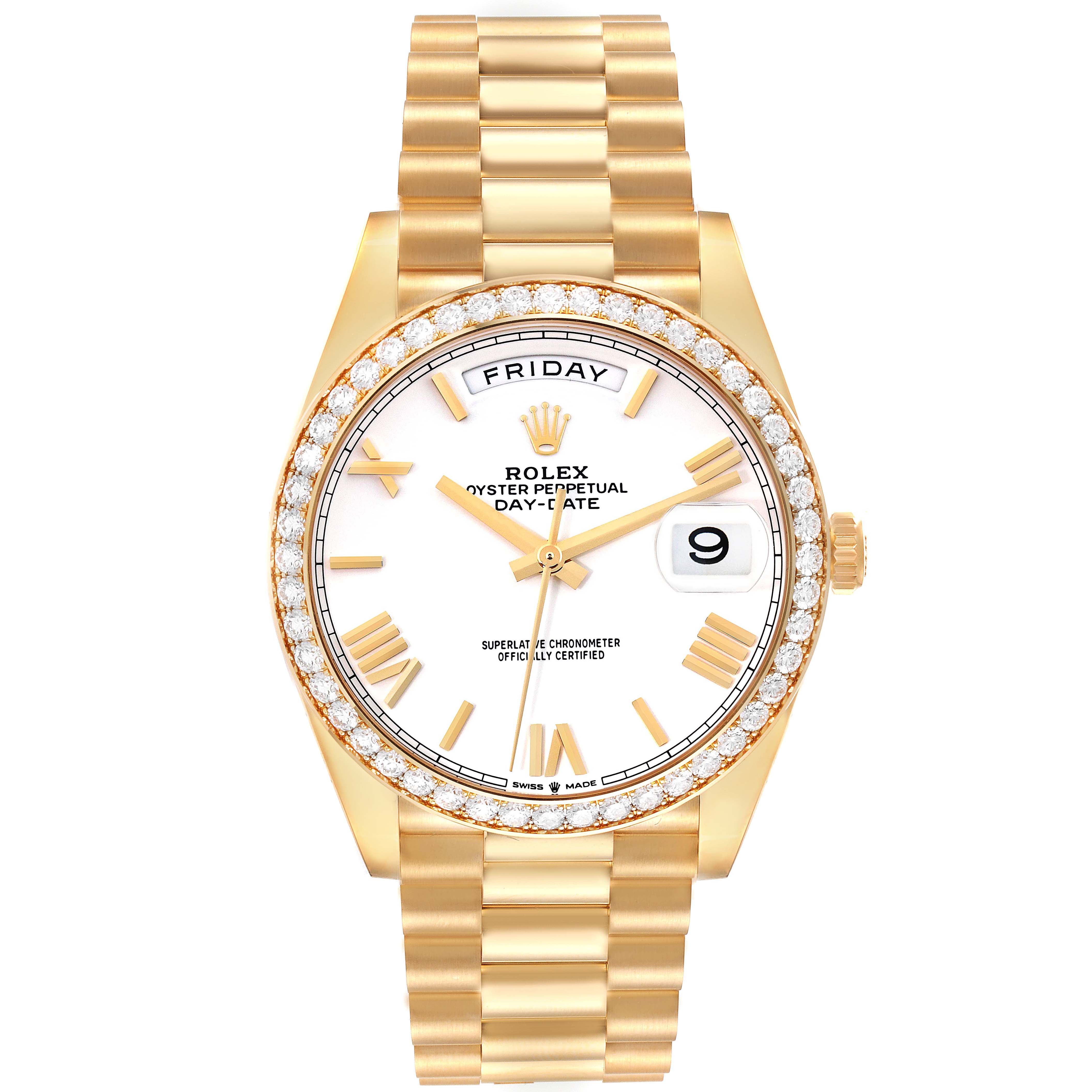 This image shows a front view of a Rolex President 228348 Men
s Yellow Gold White Dial 228348 Men
s Yellow Gold White Dial model watch, detailing the dial, bezel, bracelet, and crown.