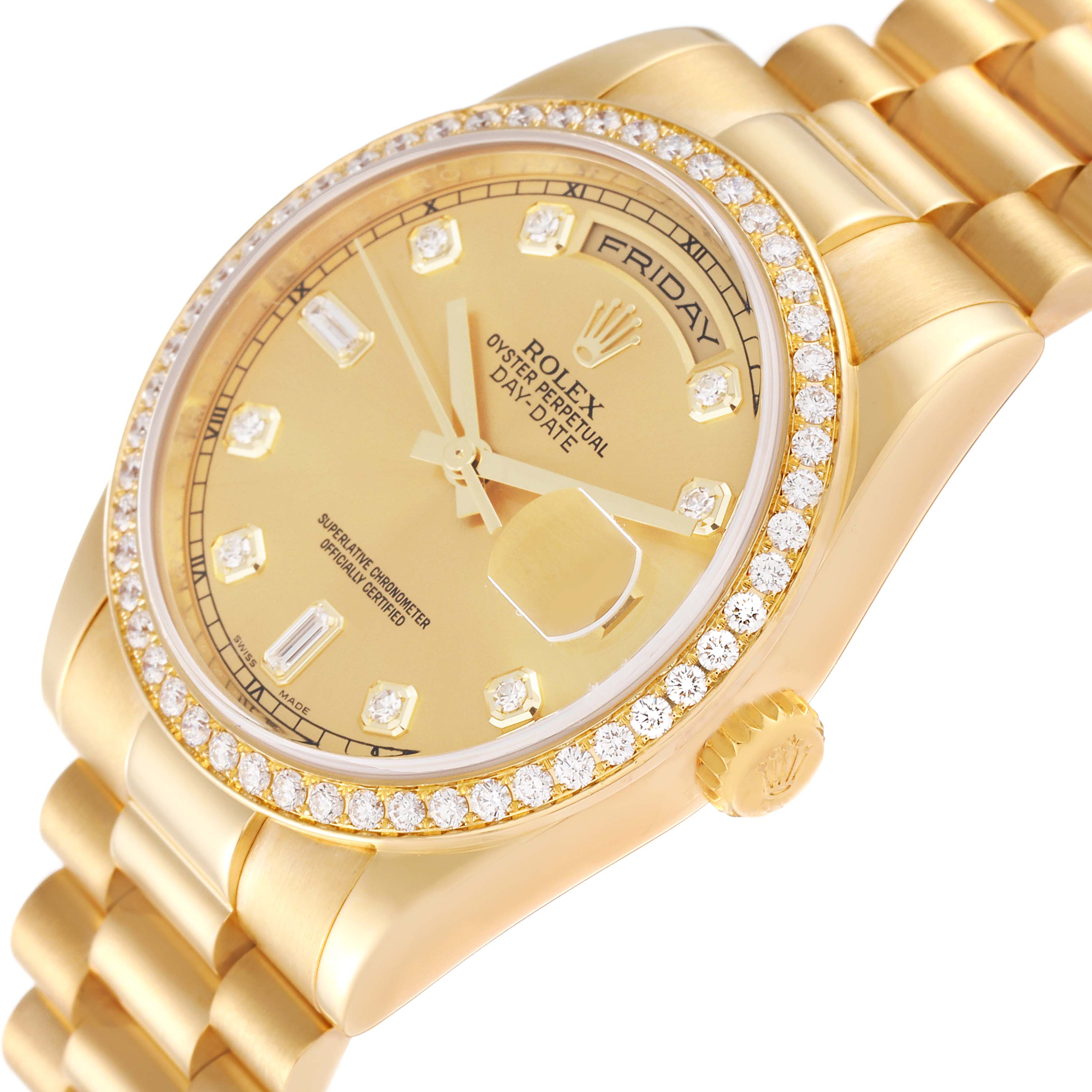 The image shows a Rolex President 118348 Men
s Yellow Gold Champagne Dial 118348 Men
s Yellow Gold Champagne Dial model watch from an angled side view, highlighting its gold band, diamond bezel, and dial with day-date features.