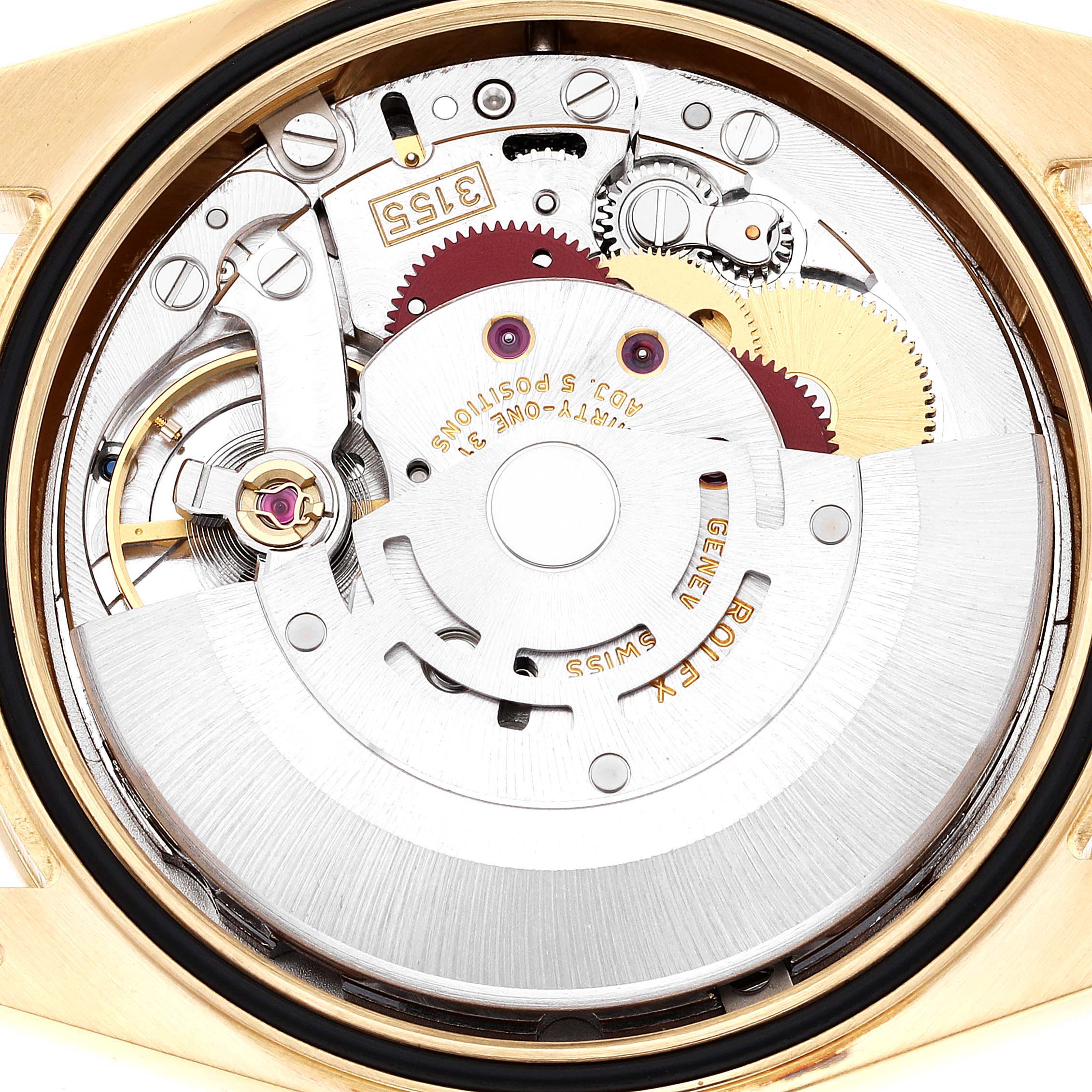 This image displays the intricate inner mechanism of a Rolex President 118348 Men
s Yellow Gold Champagne Dial 118348 Men
s Yellow Gold Champagne Dial model watch, showcasing its movement components.