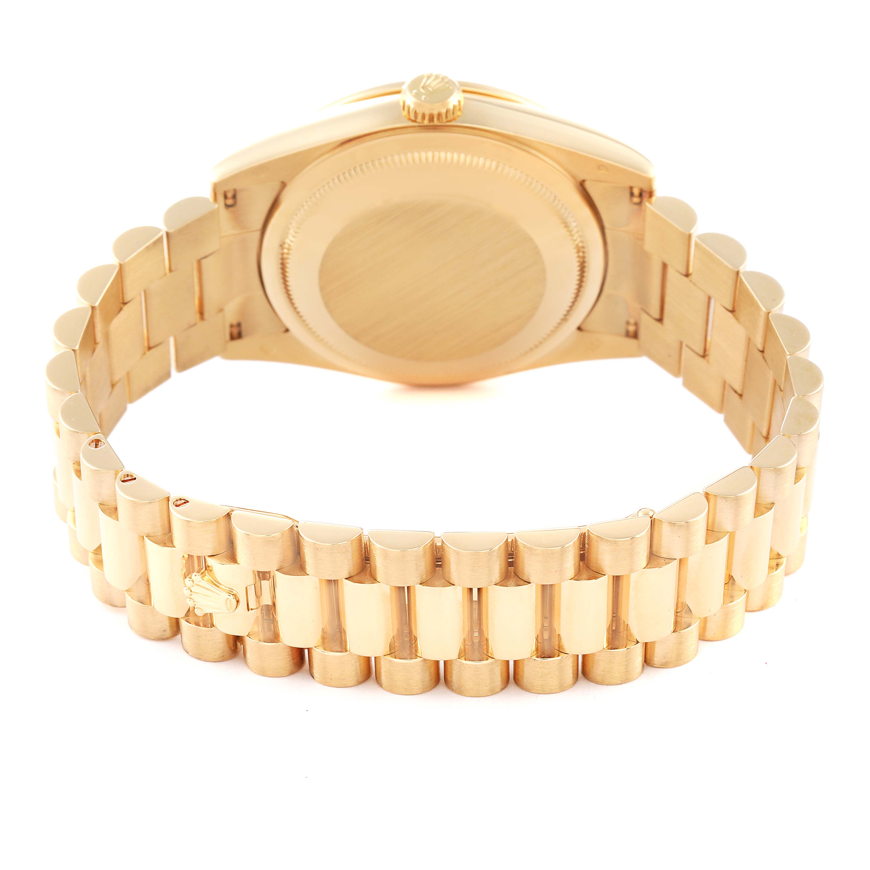 This image shows the back view of the Rolex President 118348 Men
s Yellow Gold Champagne Dial 118348 Men
s Yellow Gold Champagne Dial model watch, highlighting the case back and bracelet.