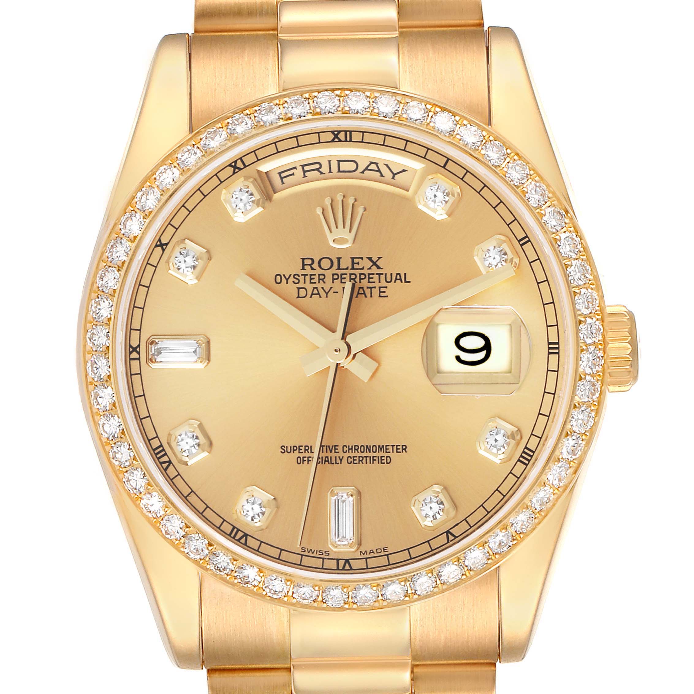The image shows a close-up front view of the Rolex President 118348 Men
s Yellow Gold Champagne Dial 118348 Men
s Yellow Gold Champagne Dial Day-Date watch, highlighting its dial, bezel, and part of the bracelet.