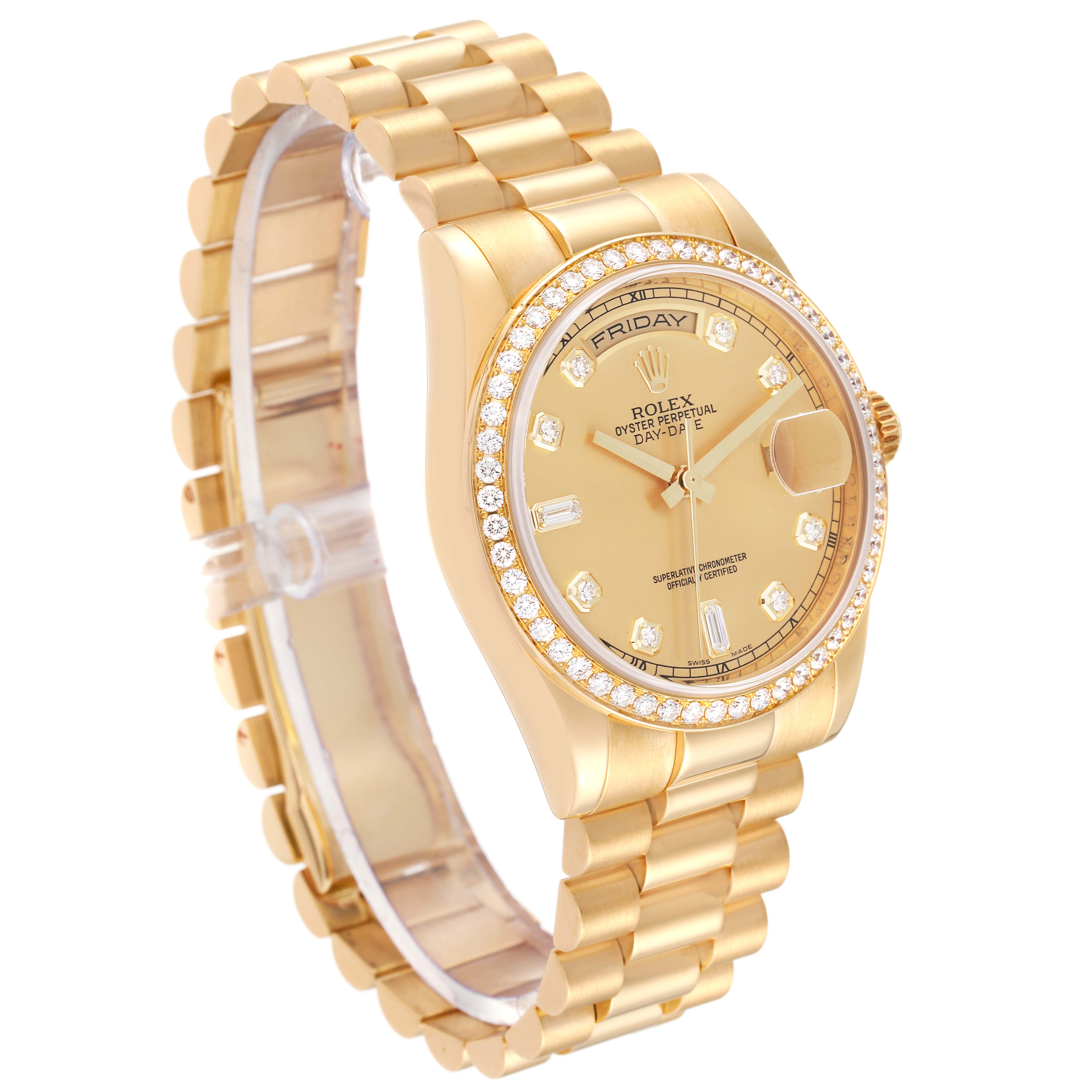 The image shows a Rolex President 118348 Men
s Yellow Gold Champagne Dial 118348 Men
s Yellow Gold Champagne Dial model, featuring the face, bezel, and band, at a three-quarter angle.