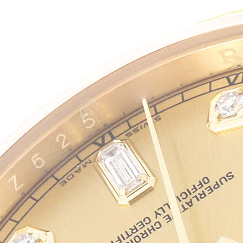 The image shows a close-up of the Rolex President 118348 Men
s Yellow Gold Champagne Dial 118348 Men
s Yellow Gold Champagne Dial model watch dial, including the hour markers, minute hand, and "Swiss Made" inscription.