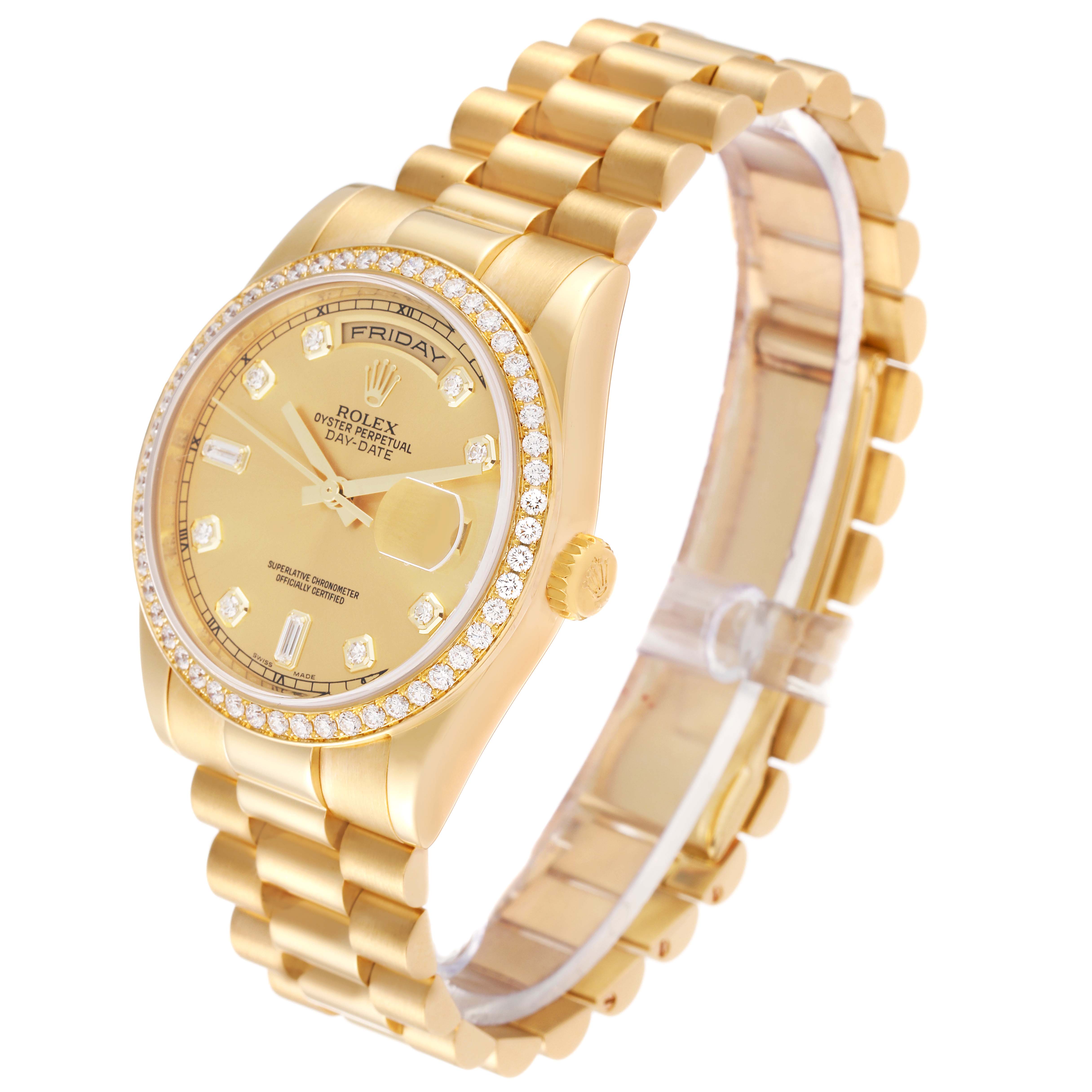 The image shows an angled view of a gold Rolex President 118348 Men
s Yellow Gold Champagne Dial 118348 Men
s Yellow Gold Champagne Dial model watch, highlighting its diamond bezel, dial, and bracelet.