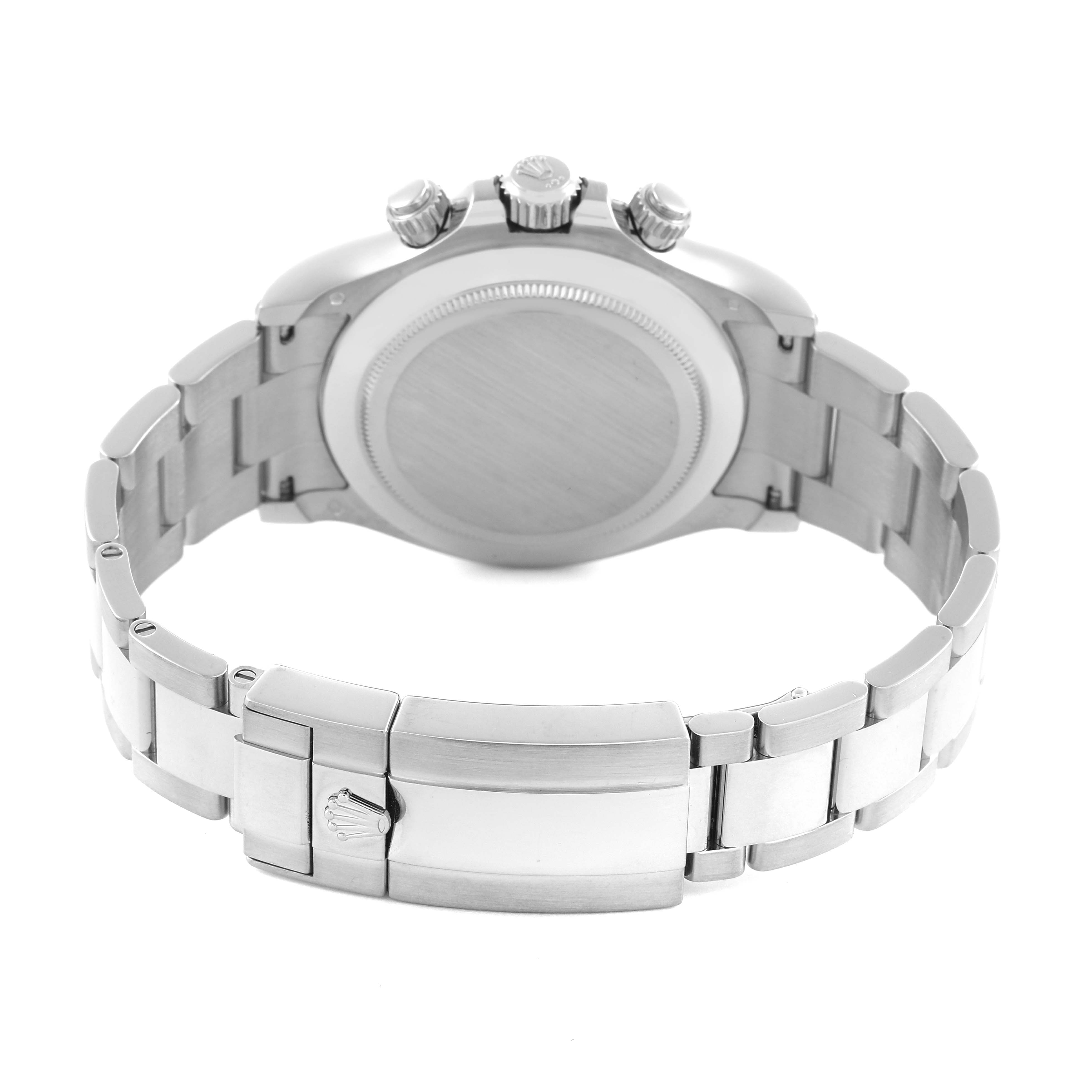 The image shows the back of a Rolex Daytona 116509 Men
s White Gold Blue Dial 116509 Men
s White Gold Blue Dial watch, highlighting the closed clasp and bracelet links.