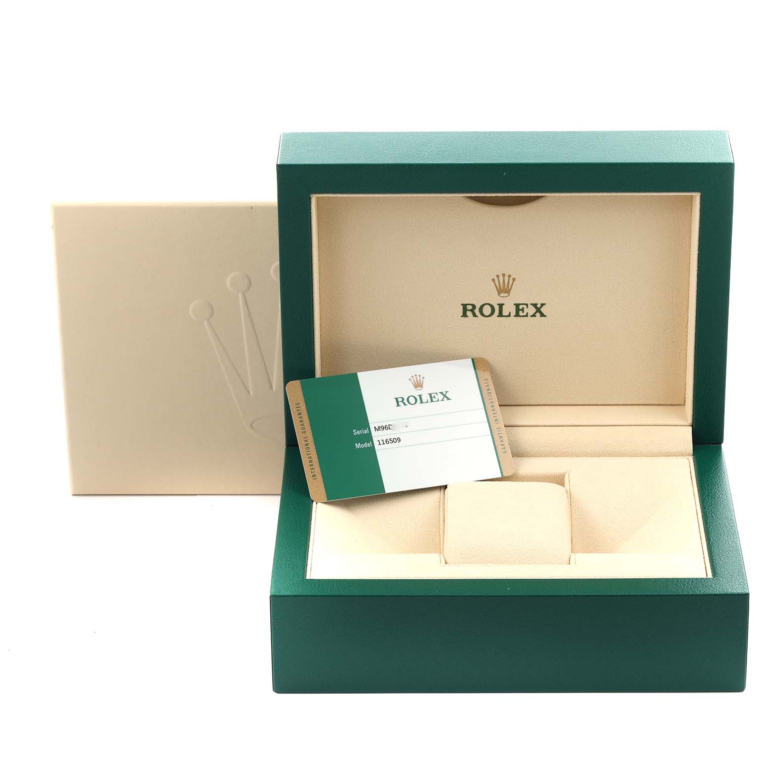 The image shows the packaging and warranty card for a Rolex Daytona 116509 Men
s White Gold Blue Dial 116509 Men
s White Gold Blue Dial, not the watch itself.