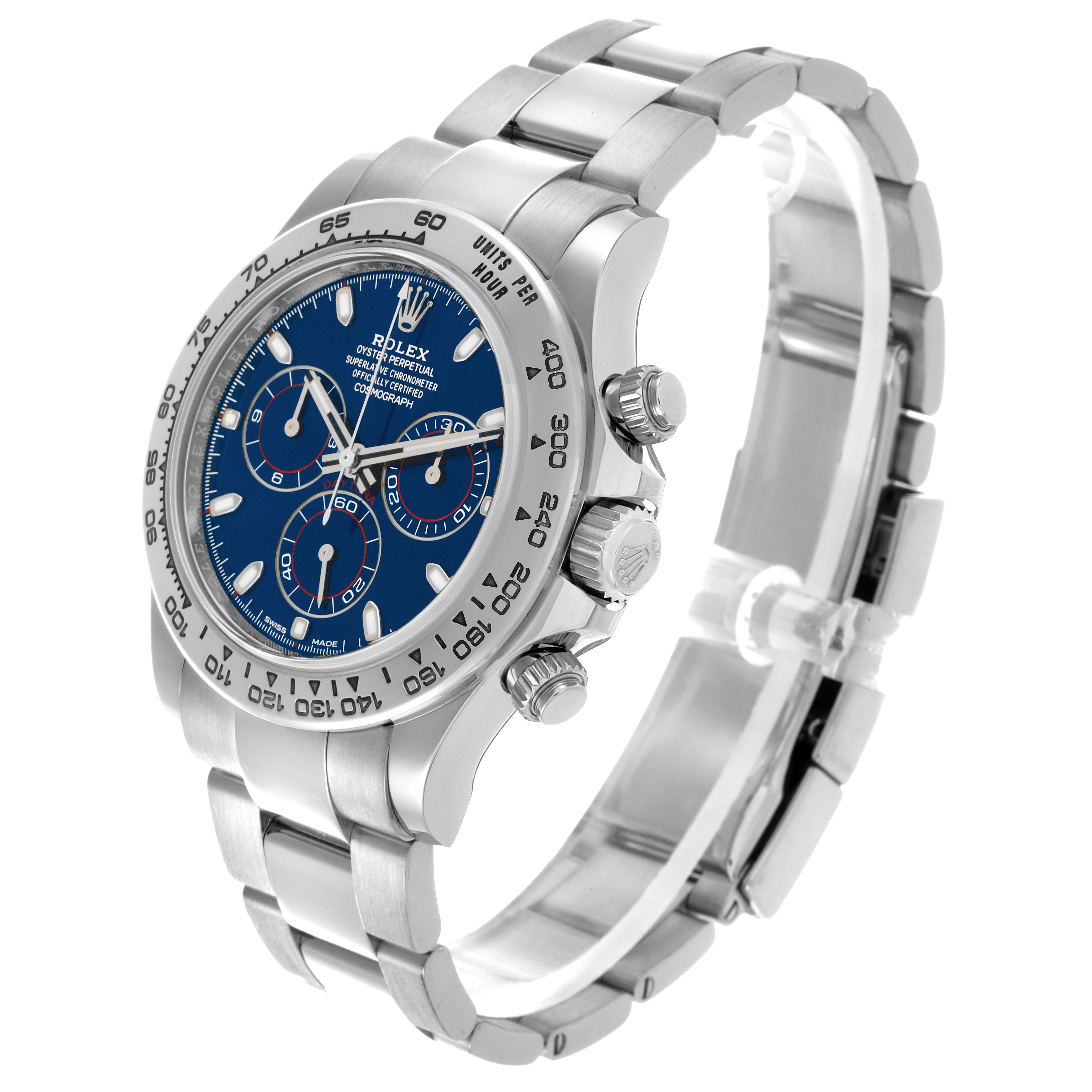 The Rolex Daytona 116509 Men
s White Gold Blue Dial 116509 Men
s White Gold Blue Dial watch is shown at a three-quarter angle, displaying the dial, bezel, and bracelet.