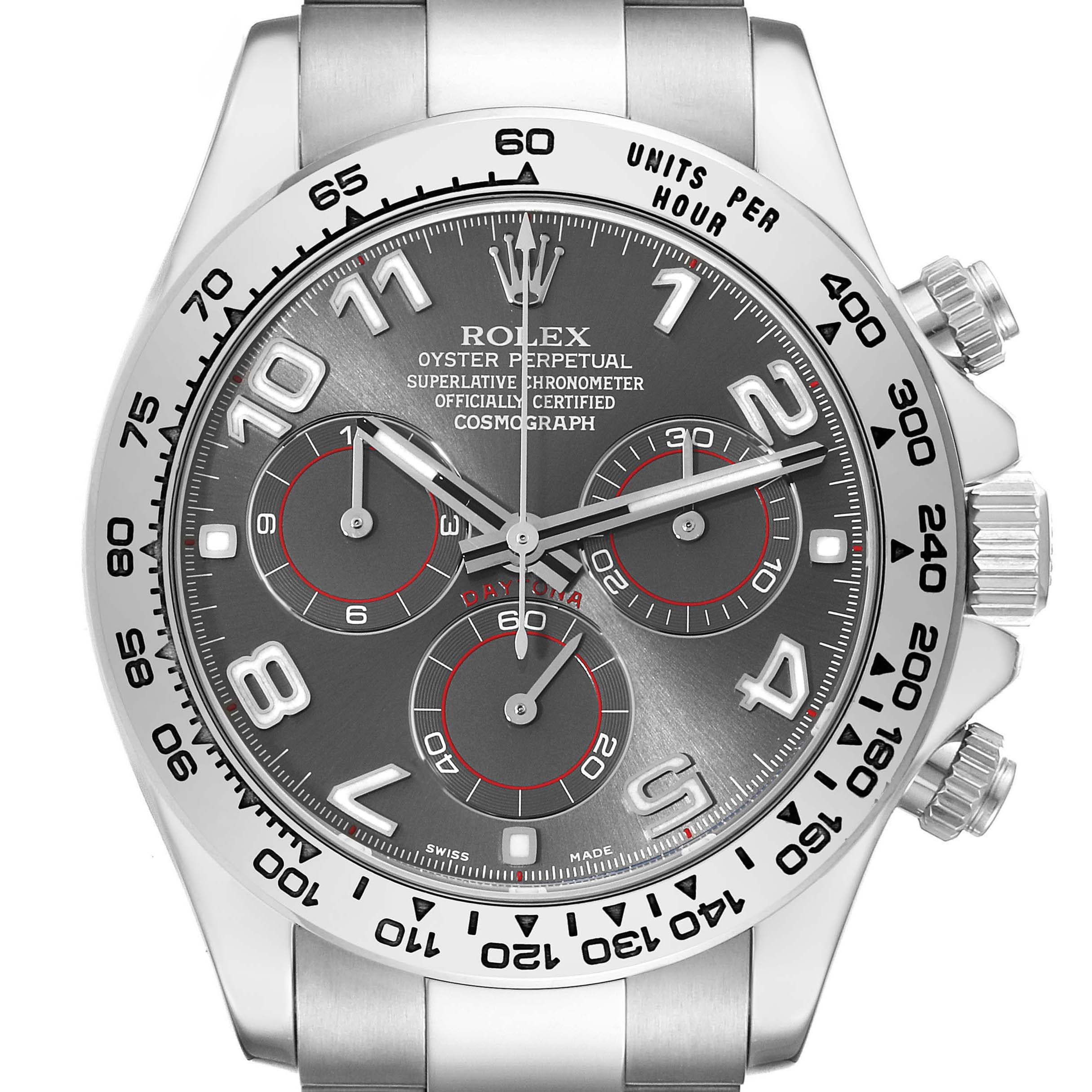 The image shows a frontal view of a Rolex Daytona 116509 Men
s Yellow Gold Grey Dial 116509 Men
s Yellow Gold Grey Dial watch, displaying its dial, bezel, and side pushers.