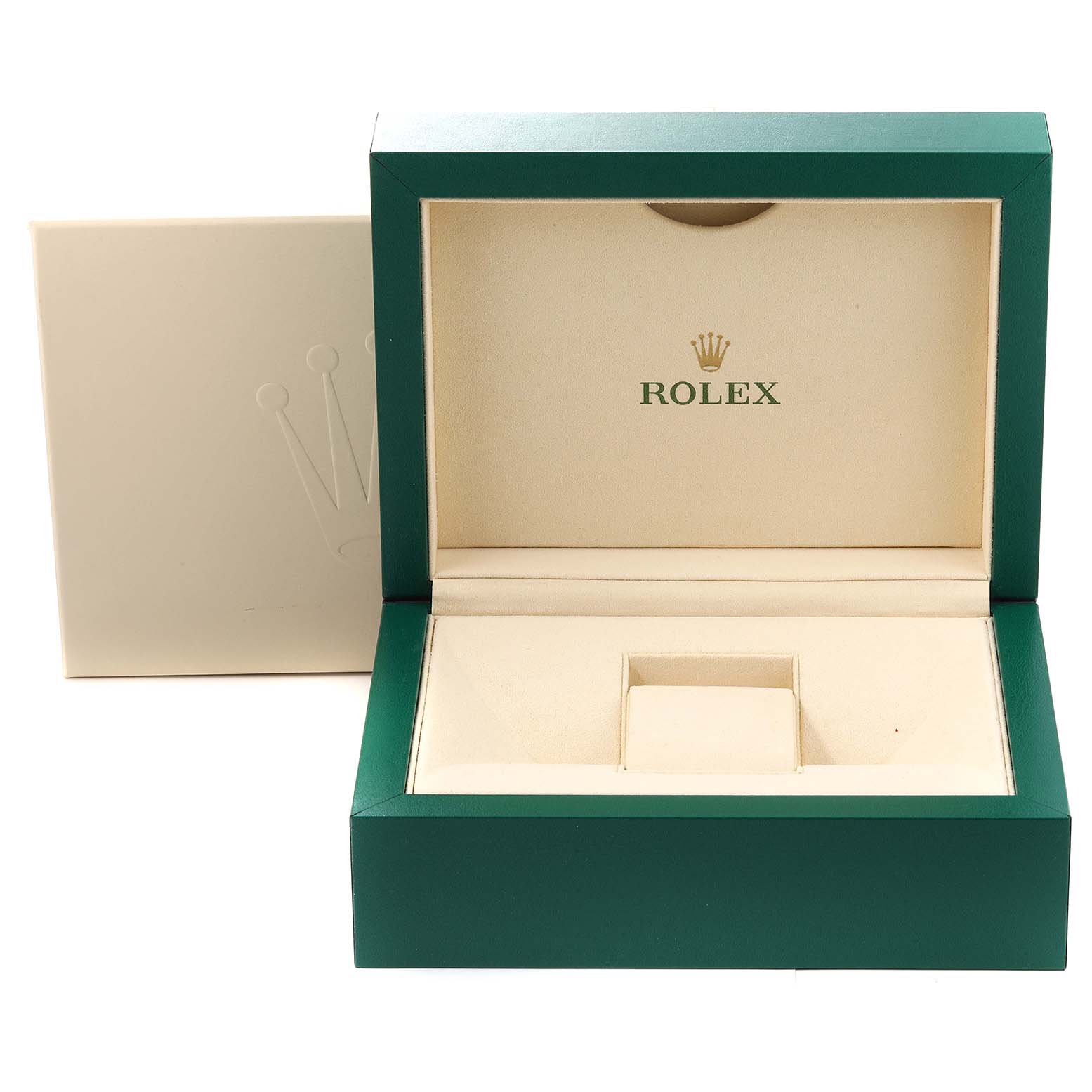The image shows an open Rolex Daytona 116509 Men
s Yellow Gold Grey Dial 116509 Men
s Yellow Gold Grey Dial watch box in green and beige from a front angle.