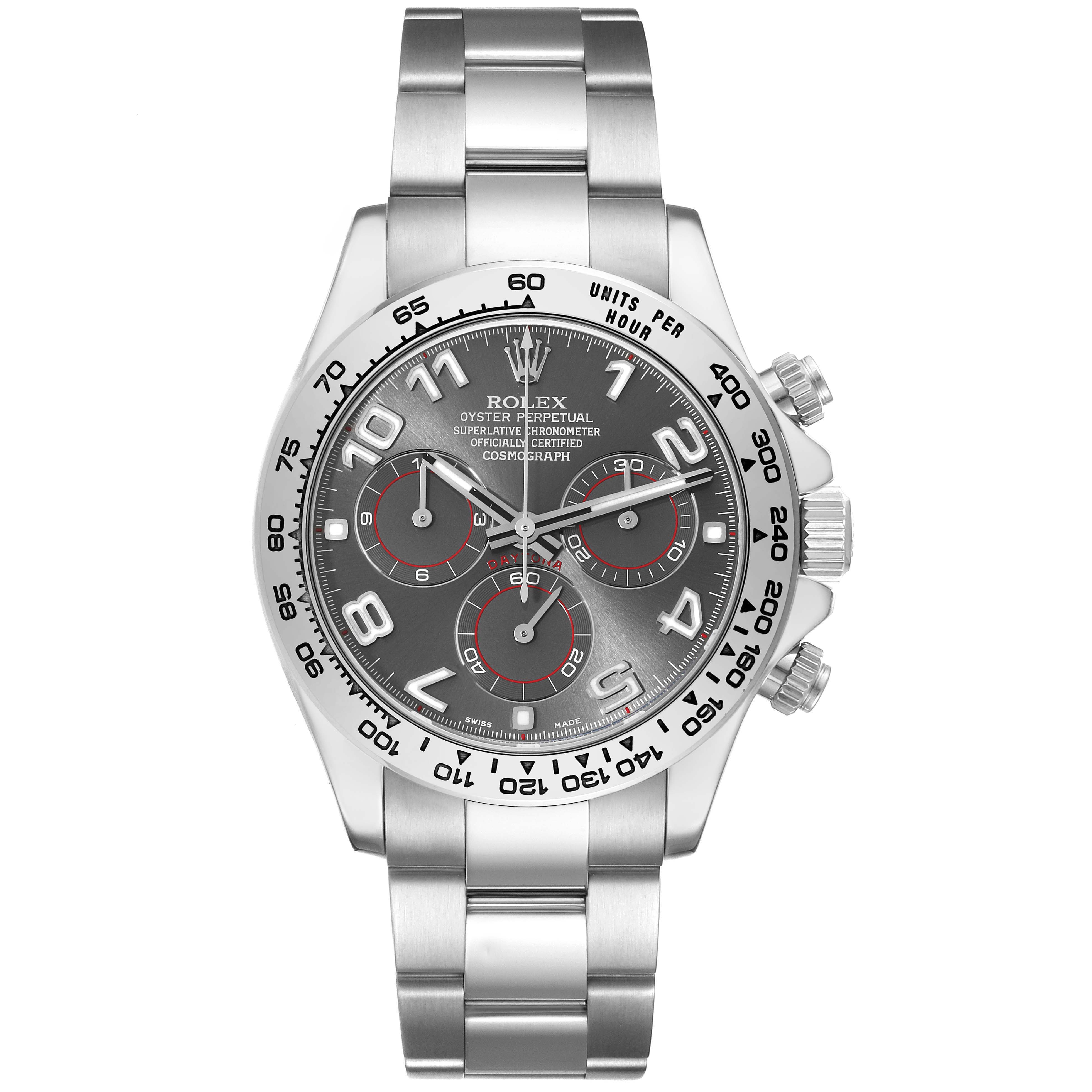 This image shows a front view of a Rolex Daytona 116509 Men
s Yellow Gold Grey Dial 116509 Men
s Yellow Gold Grey Dial watch featuring its dial, bezel, and bracelet.