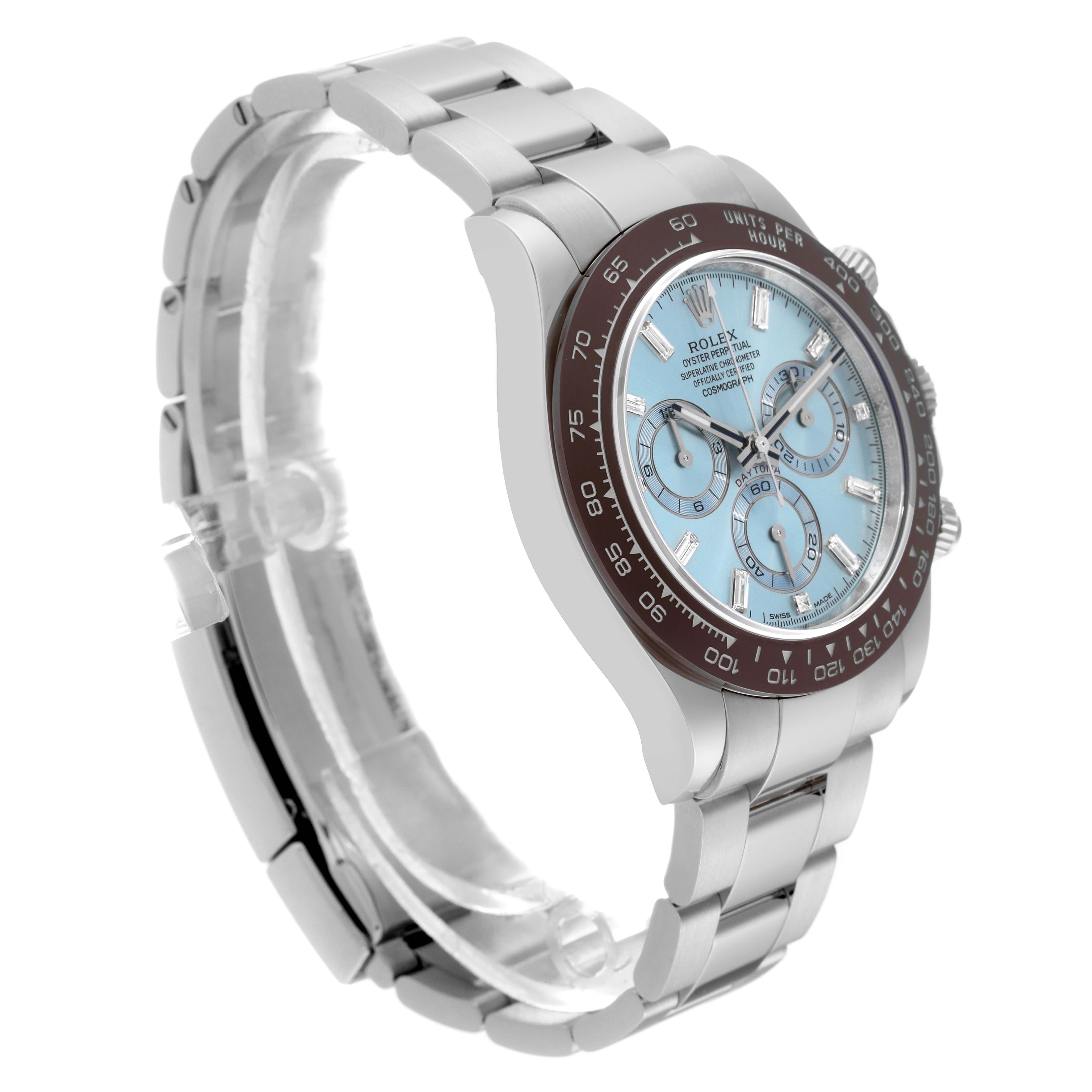 The Rolex Daytona 116506 Men's Platinum Blue Dial 116506 Men's Platinum Blue Dial watch is shown at a side angle, highlighting its strap, bezel, and partially its face.