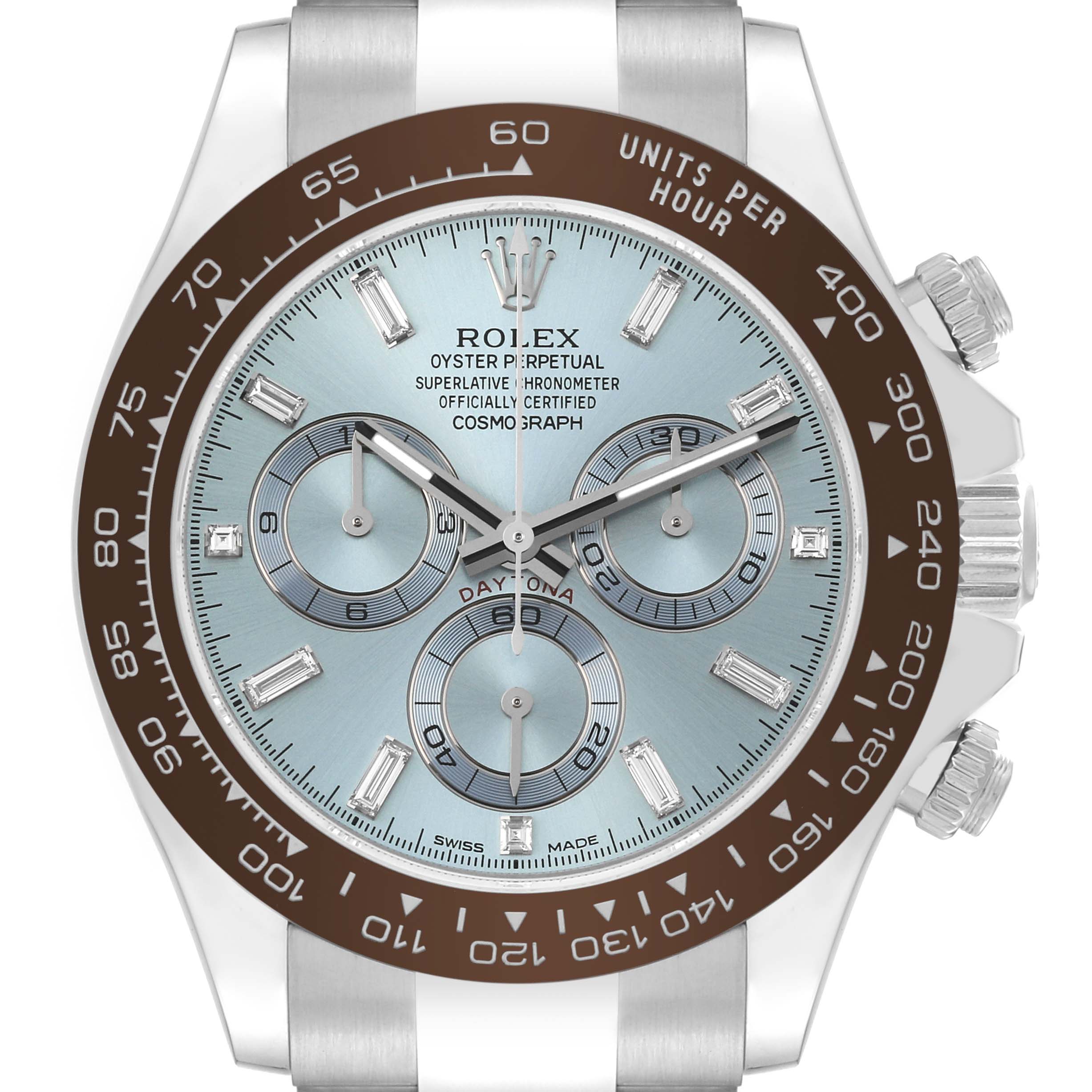 This image shows a front view of a Rolex Daytona 116506 Men's Platinum Blue Dial 116506 Men's Platinum Blue Dial watch, featuring its face, bezel, and chronograph subdials.