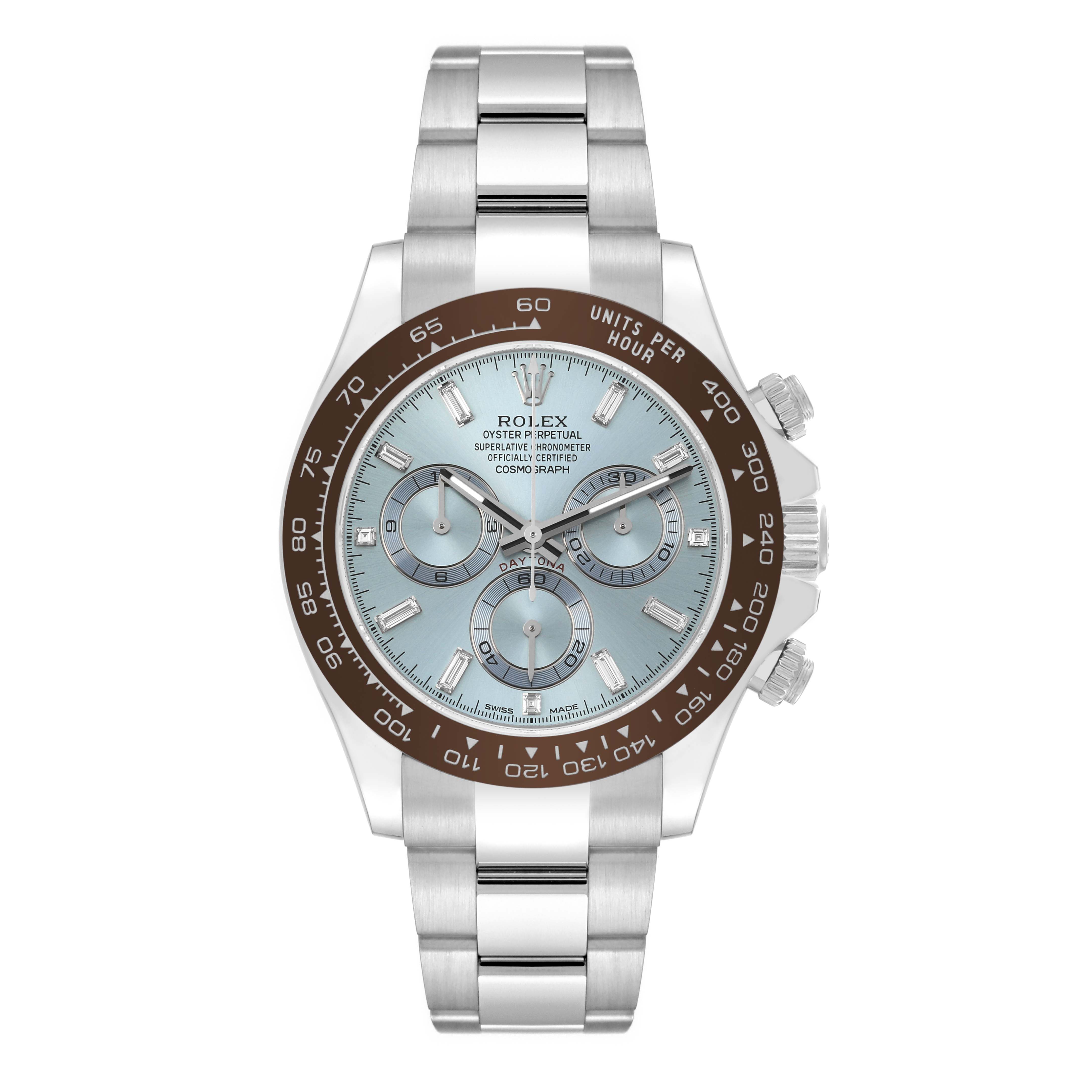 The image shows a front view of a Rolex Daytona 116506 Men's Platinum Blue Dial 116506 Men's Platinum Blue Dial watch with a silver-tone dial and chronograph subdials.