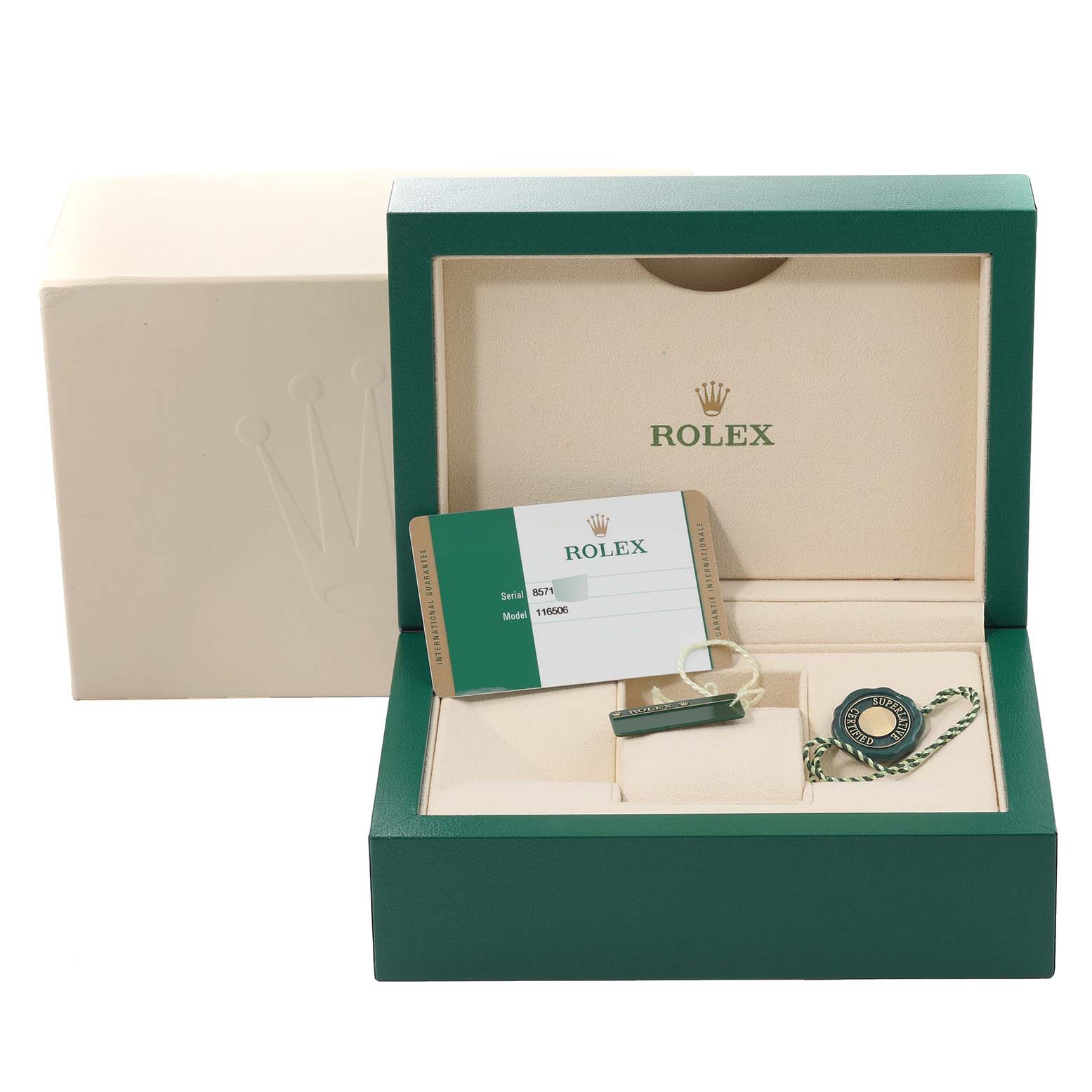 The image shows a Rolex Daytona 116506 Men's Platinum Blue Dial 116506 Men's Platinum Blue Dial watch box, guarantee card, and tag from a front angle.