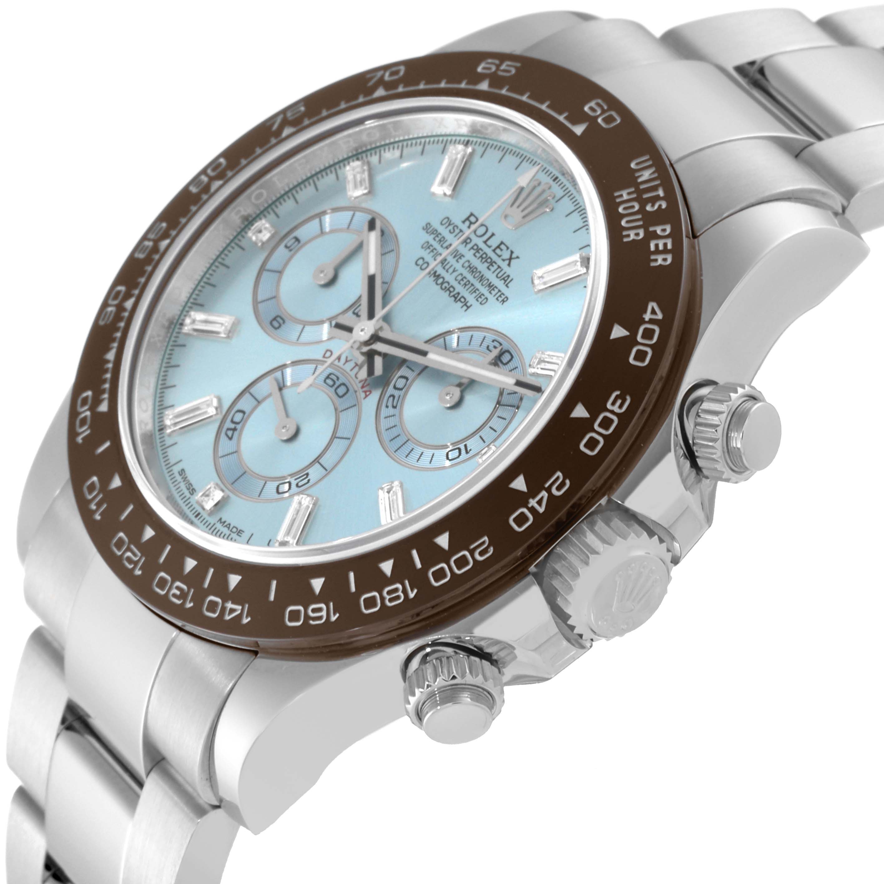 The Rolex Daytona 116506 Men's Platinum Blue Dial 116506 Men's Platinum Blue Dial watch is shown at an angle, featuring its bezel, pushers, crown, and part of the bracelet.
