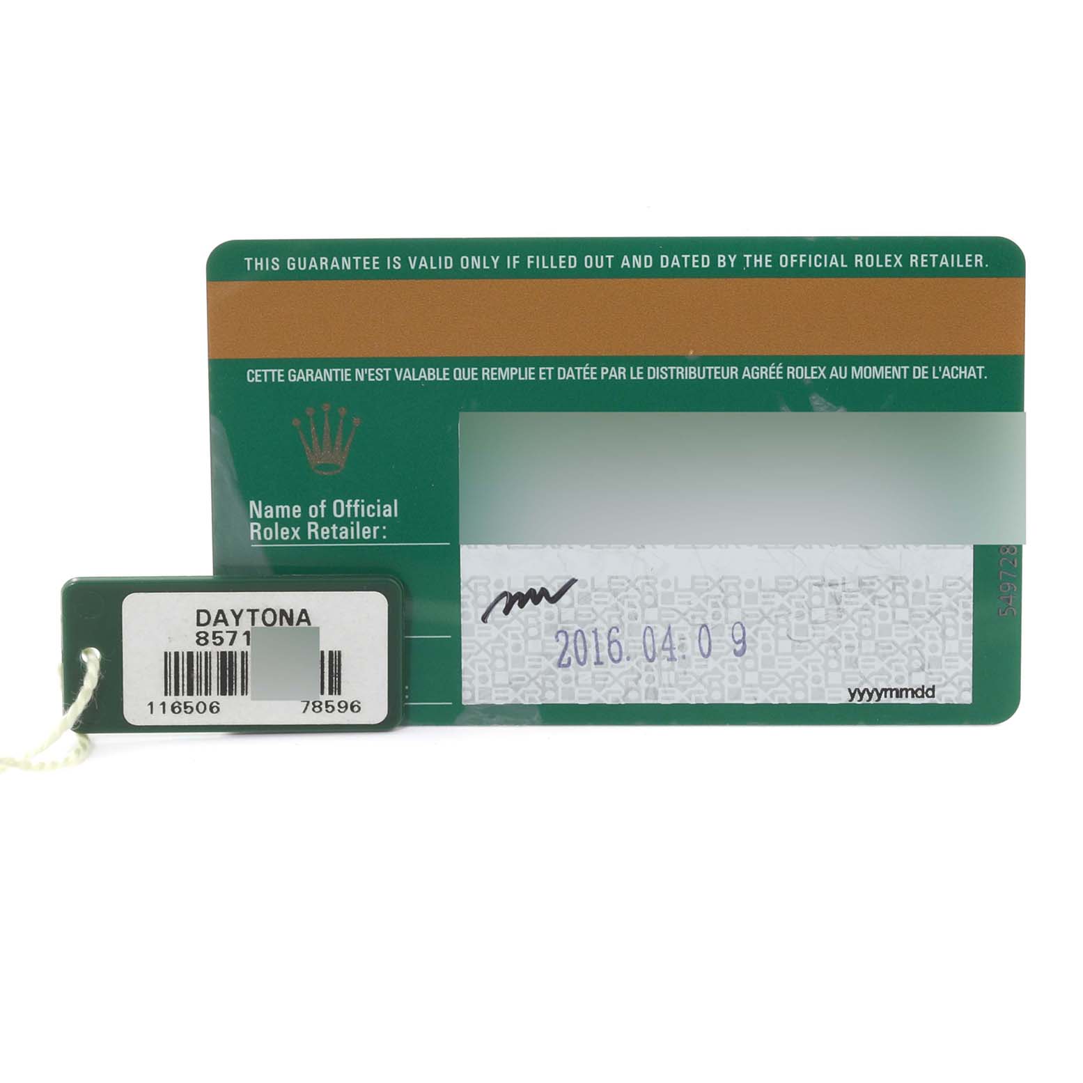 This image shows the warranty card and tag for a Rolex Daytona 116506 Men's Platinum Blue Dial 116506 Men's Platinum Blue Dial watch, highlighting serial and model numbers.