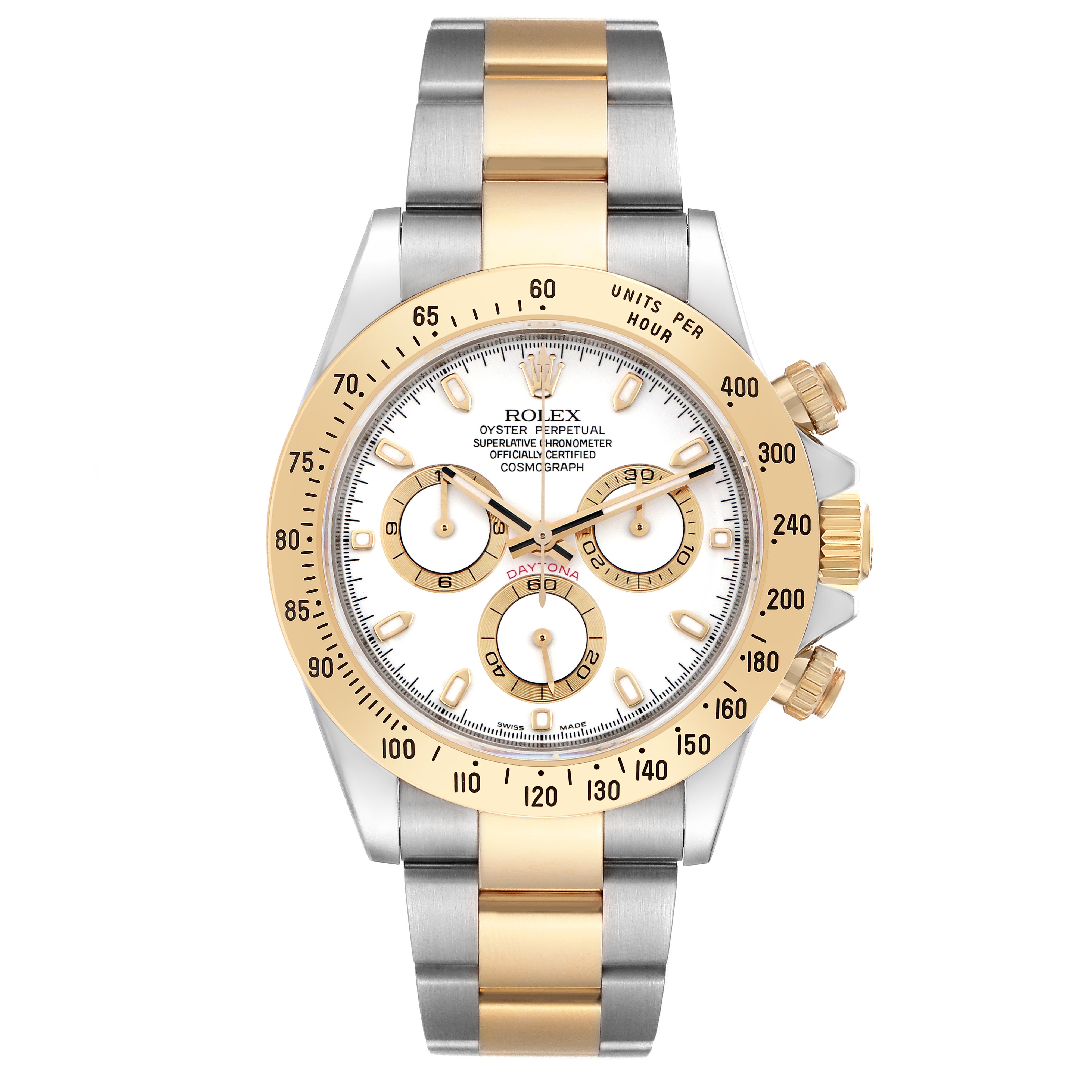 The Rolex Daytona 116523 Men's Steel and Gold (two tone) White Dial 116523 Men's Steel and Gold (two tone) White Dial watch is shown from the front, featuring a gold and silver bracelet, a gold bezel, and a white dial.