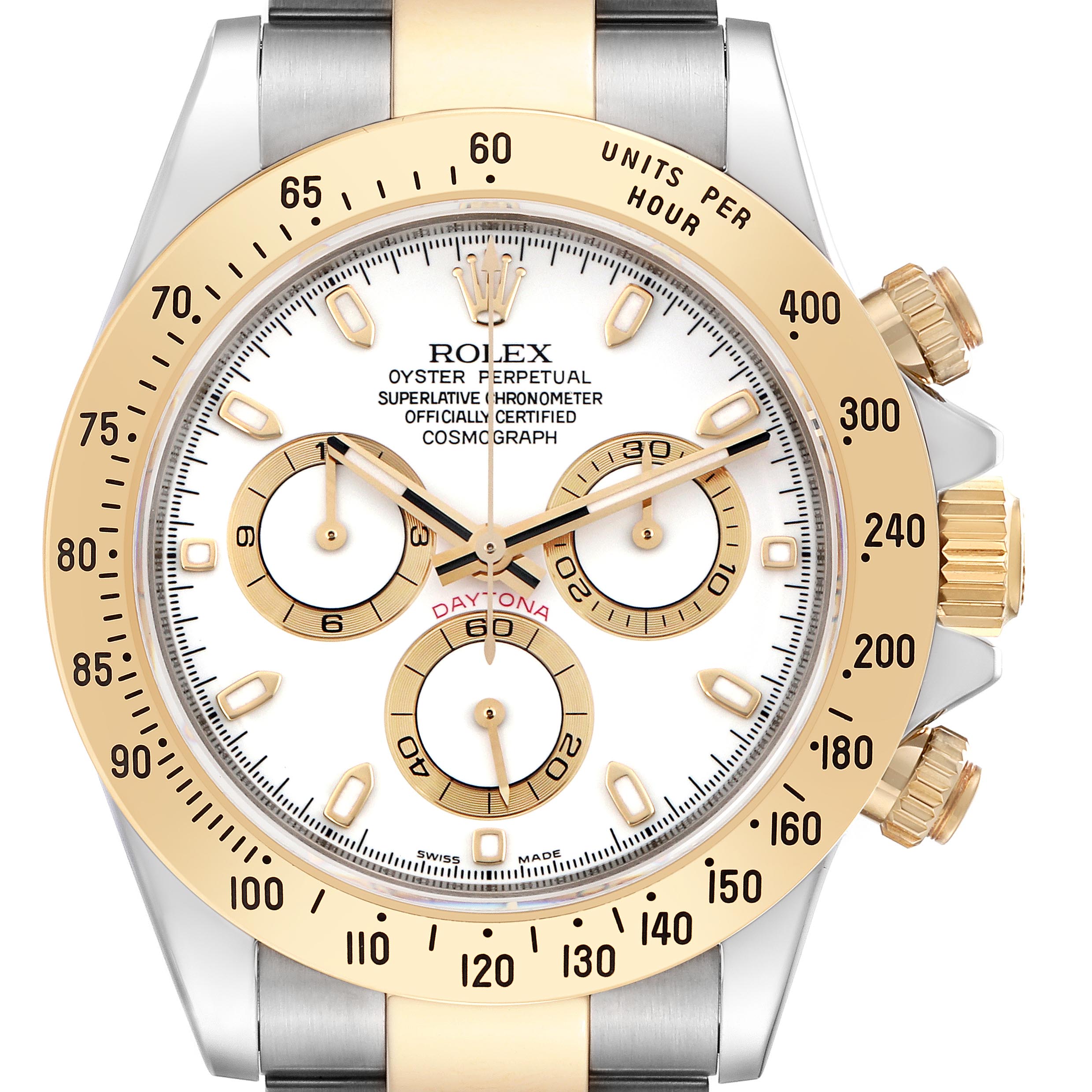 The Rolex Daytona 116523 Men's Steel and Gold (two tone) White Dial 116523 Men's Steel and Gold (two tone) White Dial is shown from a front angle, displaying the dial, bezel, subdials, crown, and pushers.