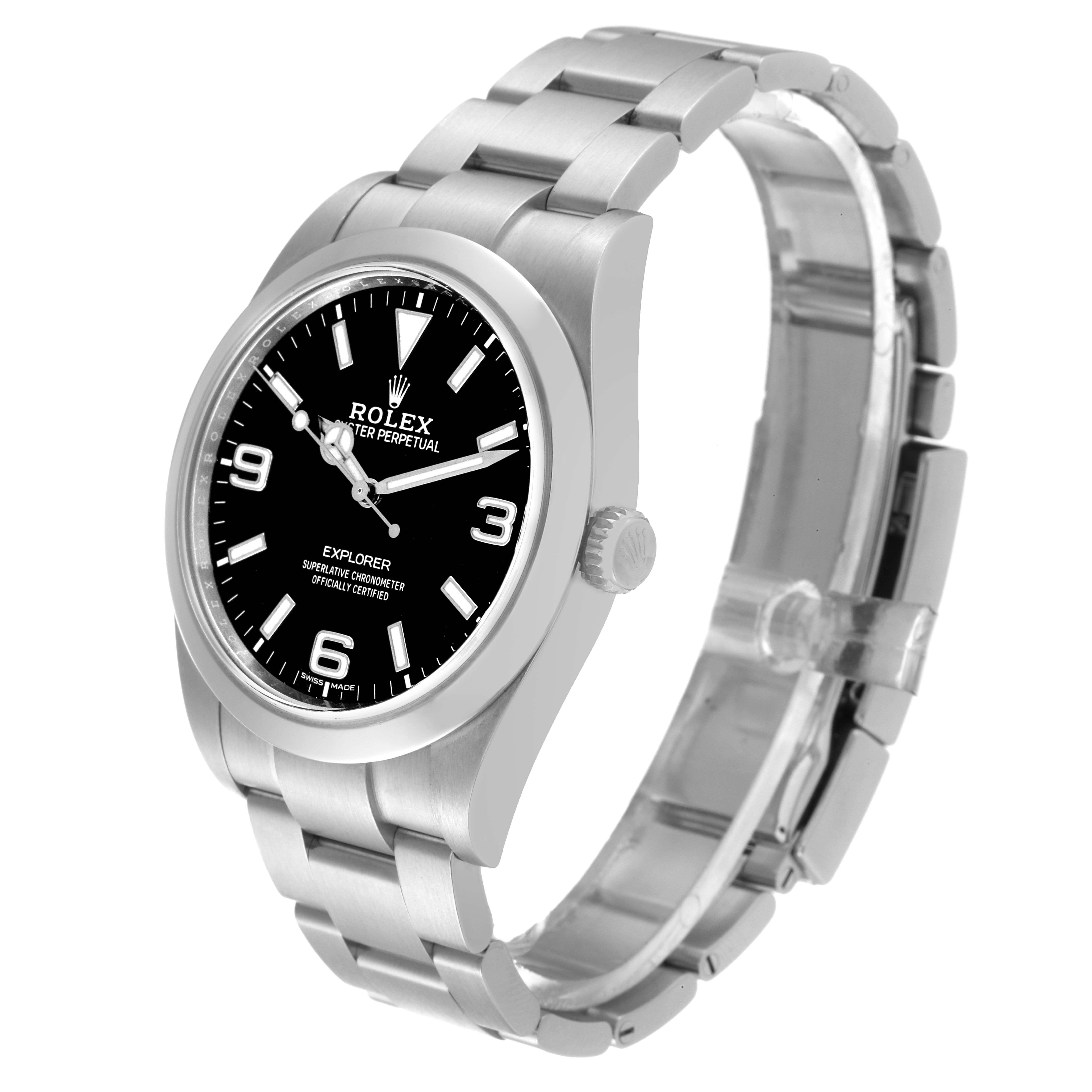 The Rolex Explorer 214270 Men's Stainless Steel Black Dial 214270 Men's Stainless Steel Black Dial watch is shown at an angle displaying the face, side, and partially open bracelet.