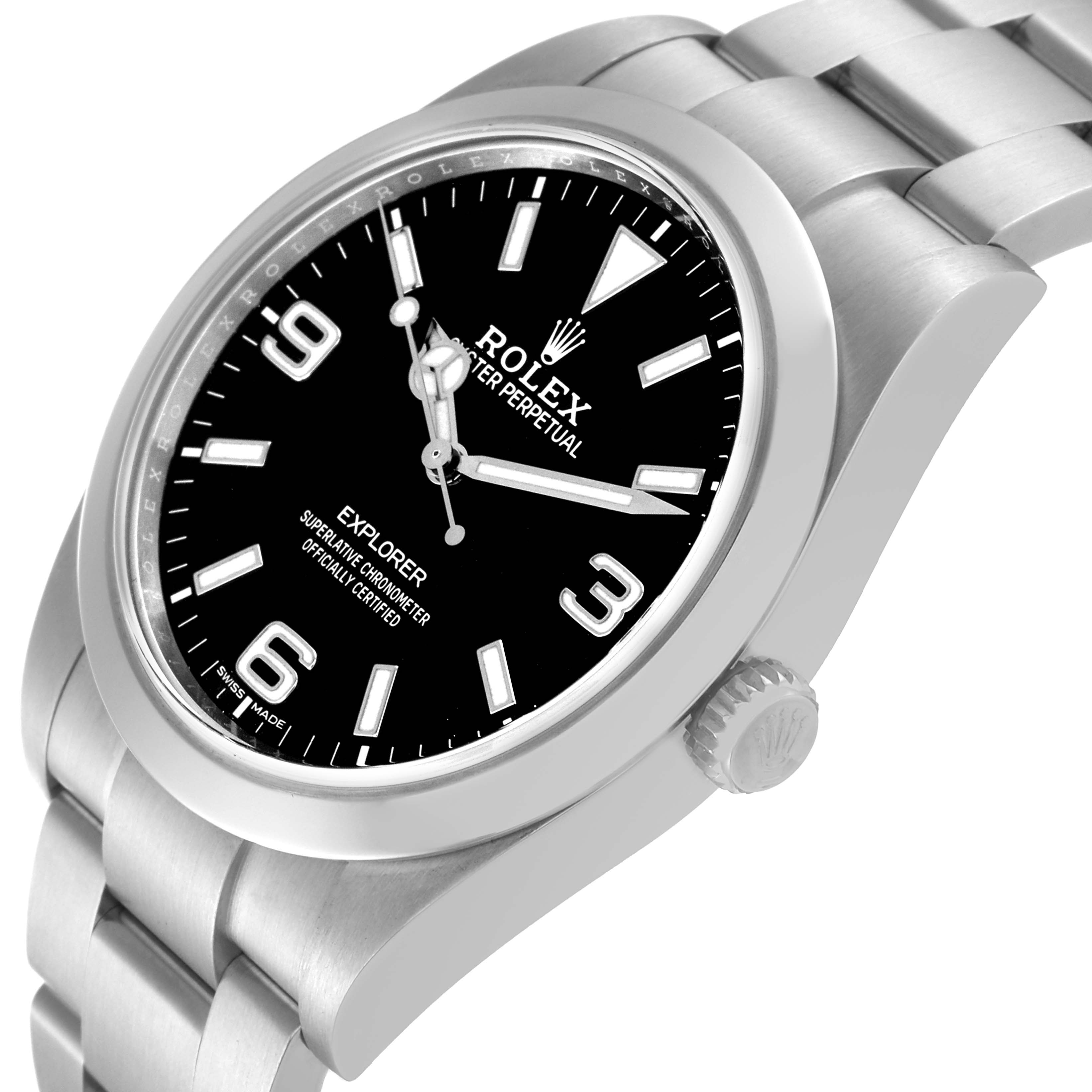 This image shows the Rolex Explorer 214270 Men's Stainless Steel Black Dial 214270 Men's Stainless Steel Black Dial watch at a three-quarter angle, highlighting the face, bezel, crown, and bracelet.