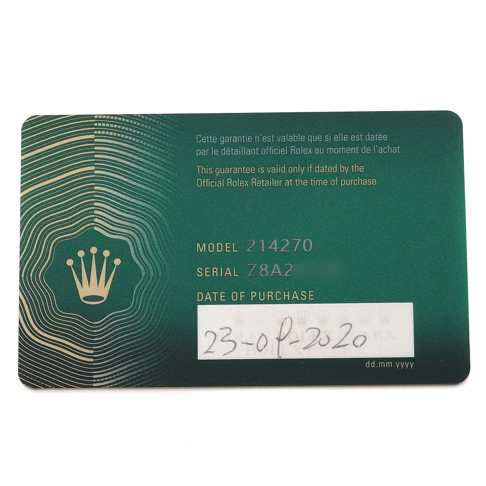 The image shows a close-up of the warranty card for the Rolex Explorer 214270 Men's Stainless Steel Black Dial 214270 Men's Stainless Steel Black Dial model 214270.