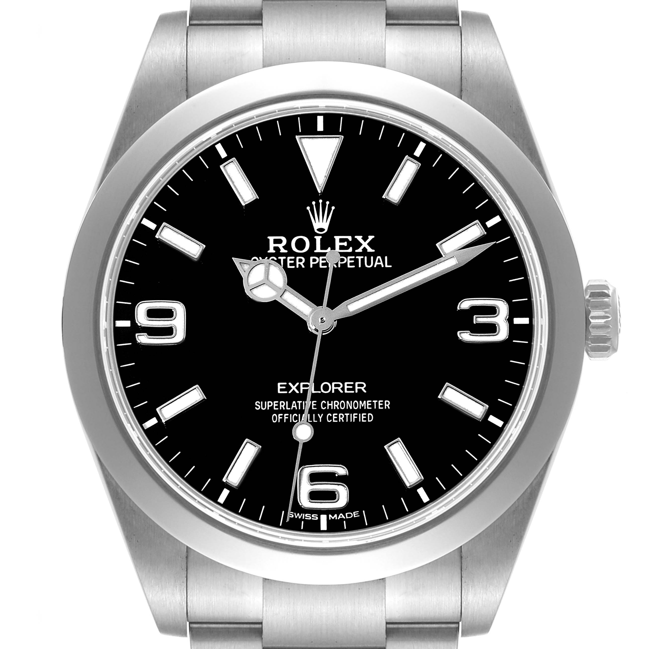 The image shows a front view of a Rolex Explorer 214270 Men's Stainless Steel Black Dial 214270 Men's Stainless Steel Black Dial watch, highlighting the dial, bezel, and part of the bracelet.