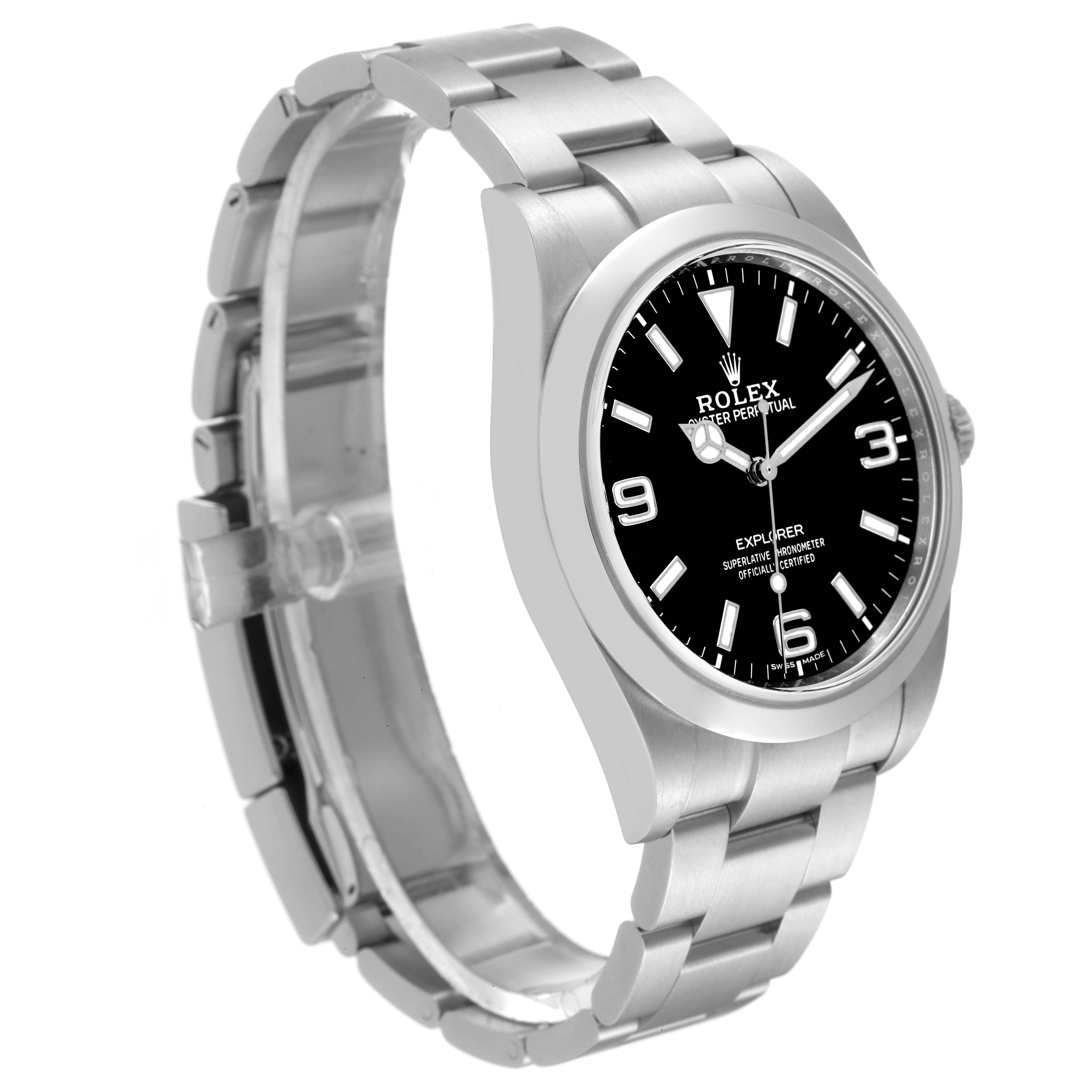 The Rolex Explorer 214270 Men's Stainless Steel Black Dial 214270 Men's Stainless Steel Black Dial watch is shown at a three-quarter angle, displaying the face, bezel, and part of the bracelet.