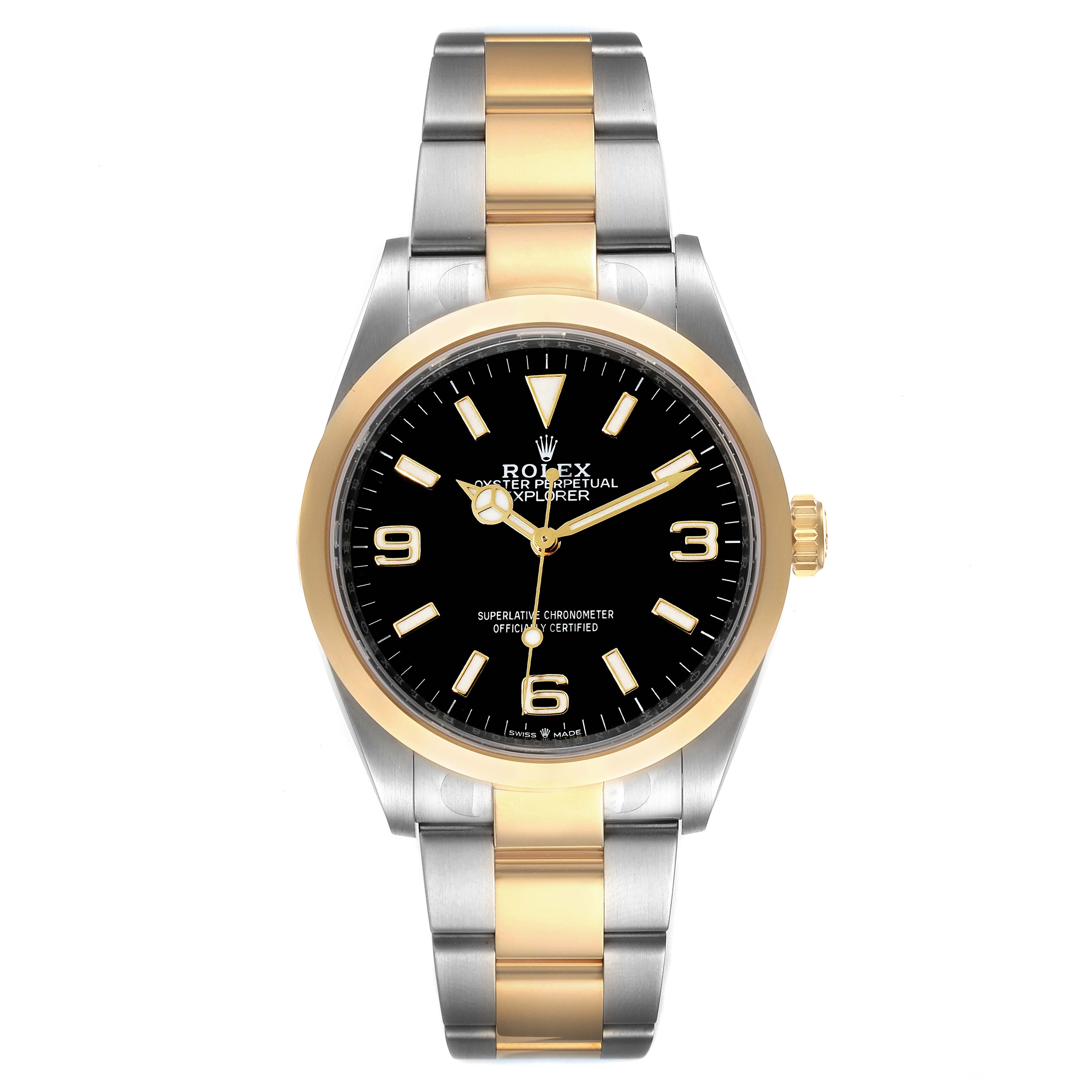 This image shows a front view of the Rolex Explorer 124273 Men
s Steel and Gold (two tone) Black Dial 124273 Men
s Steel and Gold (two tone) Black Dial watch, displaying its black dial, gold bezel, and two-tone bracelet.