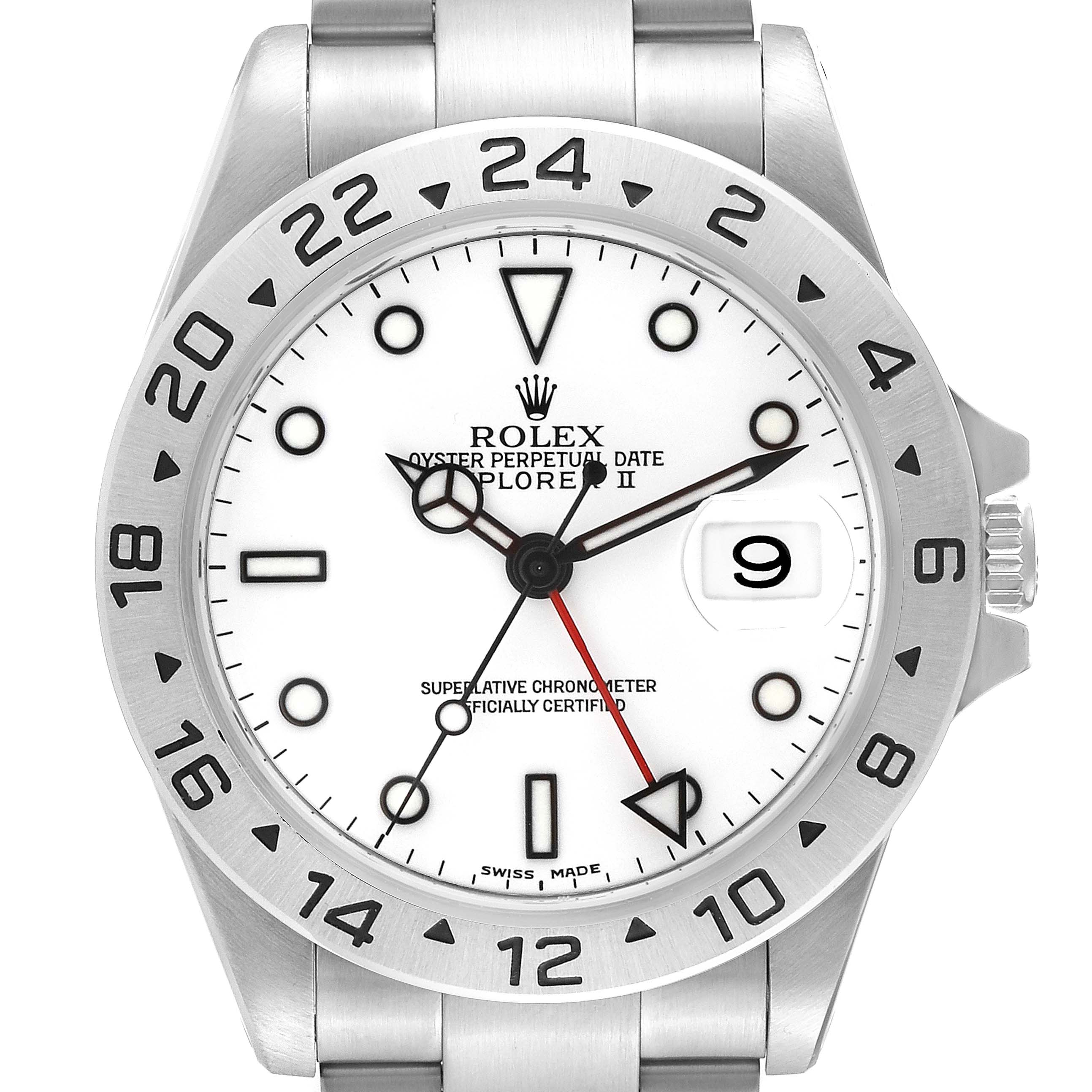 The image shows the face of a Rolex Explorer 16570 Men's Stainless Steel White Dial 16570 Men's Stainless Steel White Dial watch, displaying its bezel, dial, hands, and part of the bracelet.