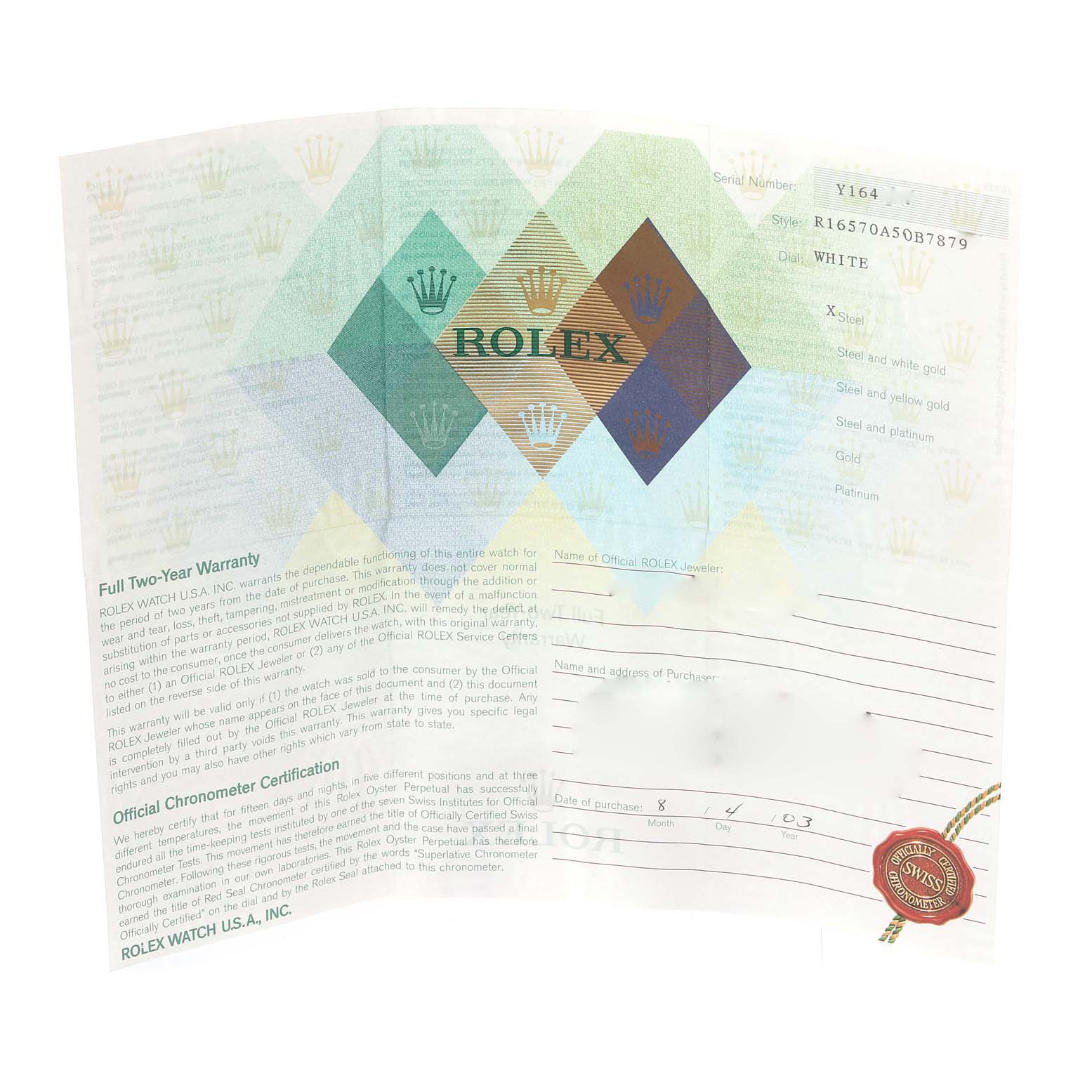 This image shows the warranty certificate of a Rolex Explorer 16570 Men's Stainless Steel White Dial 16570 Men's Stainless Steel White Dial watch.