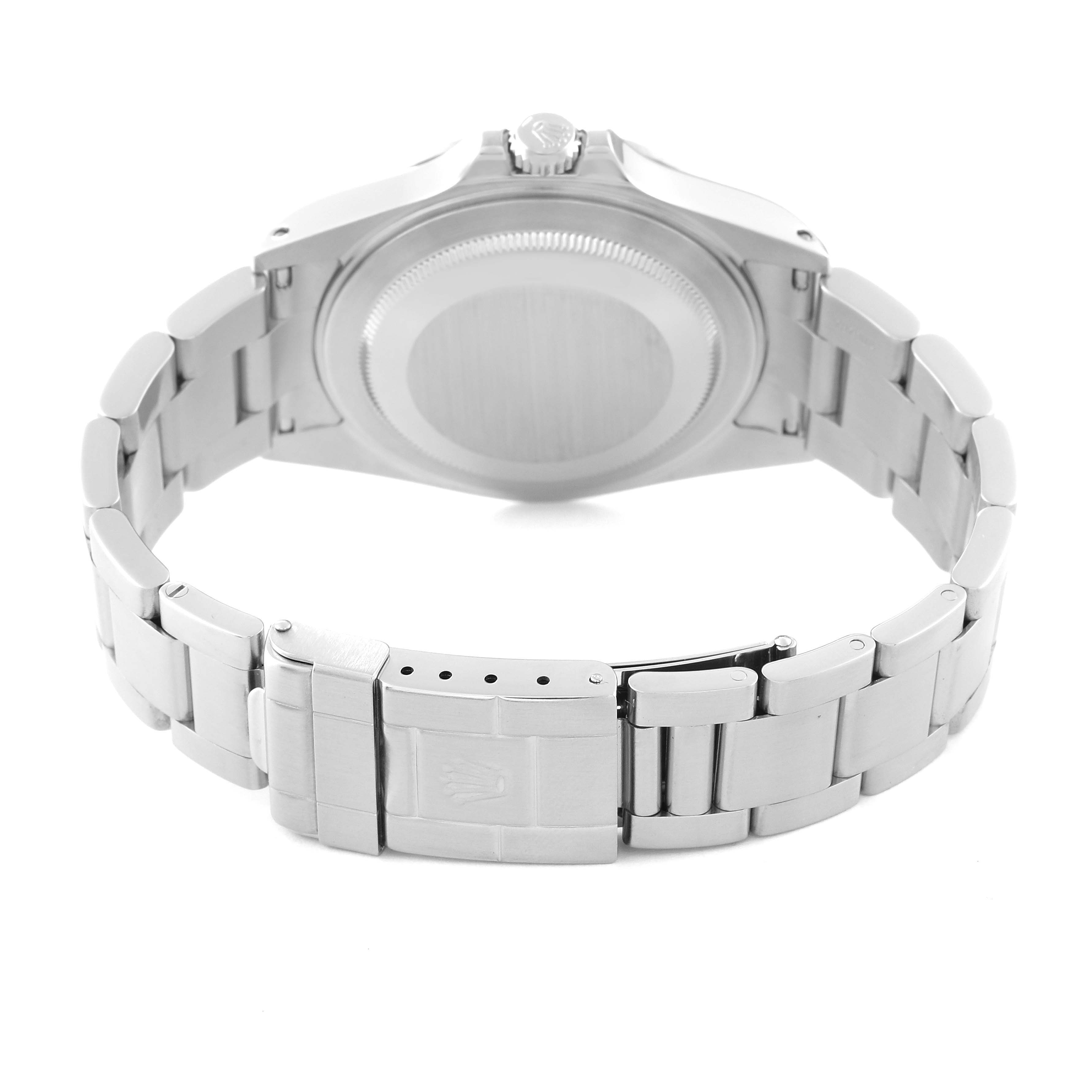 The image shows the back view of a Rolex Explorer 16570 Men's Stainless Steel White Dial 16570 Men's Stainless Steel White Dial watch, highlighting the clasp, bracelet, and case back.
