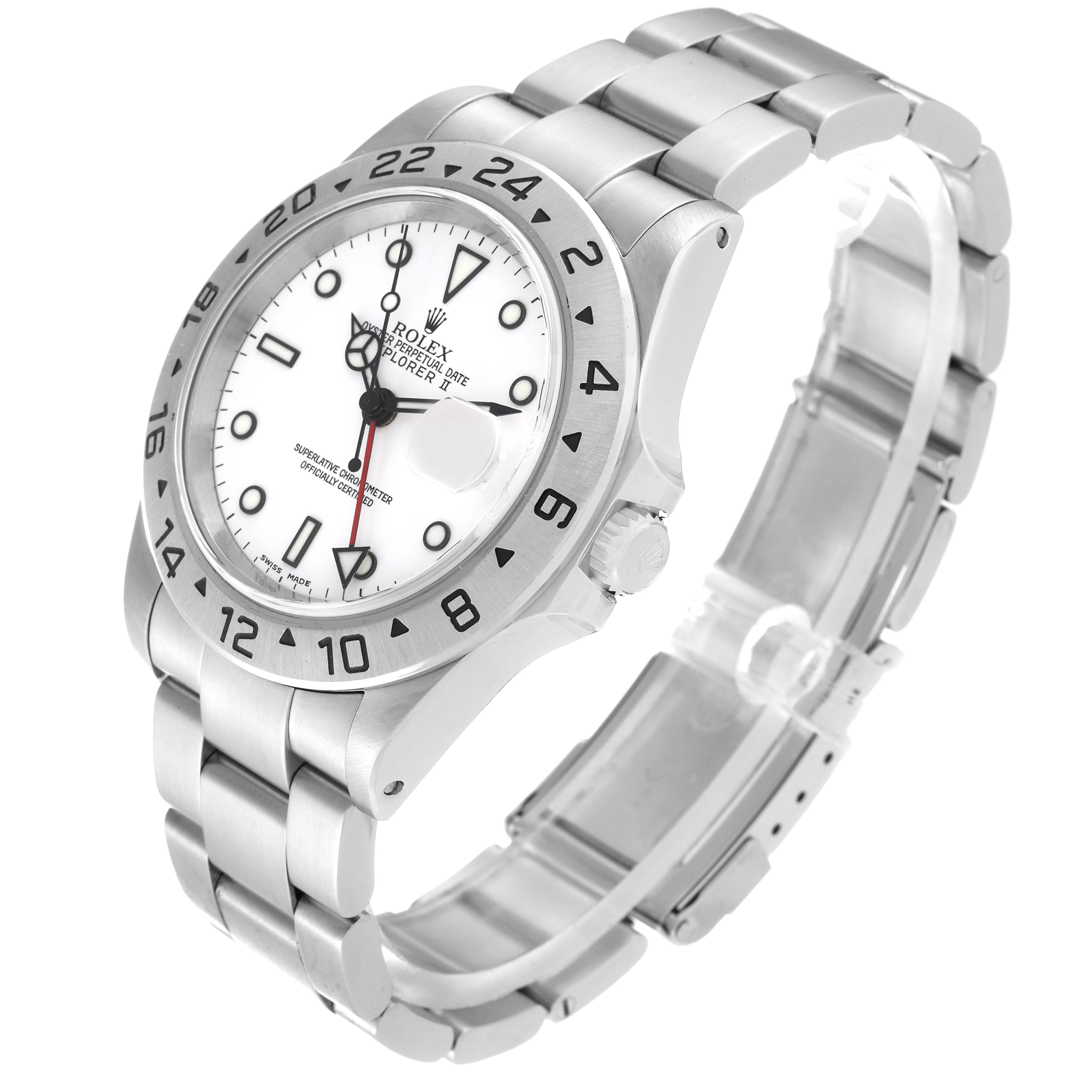 The image shows the Rolex Explorer 16570 Men's Stainless Steel White Dial 16570 Men's Stainless Steel White Dial watch from an angled side view, displaying the dial, bezel, crown, and bracelet.