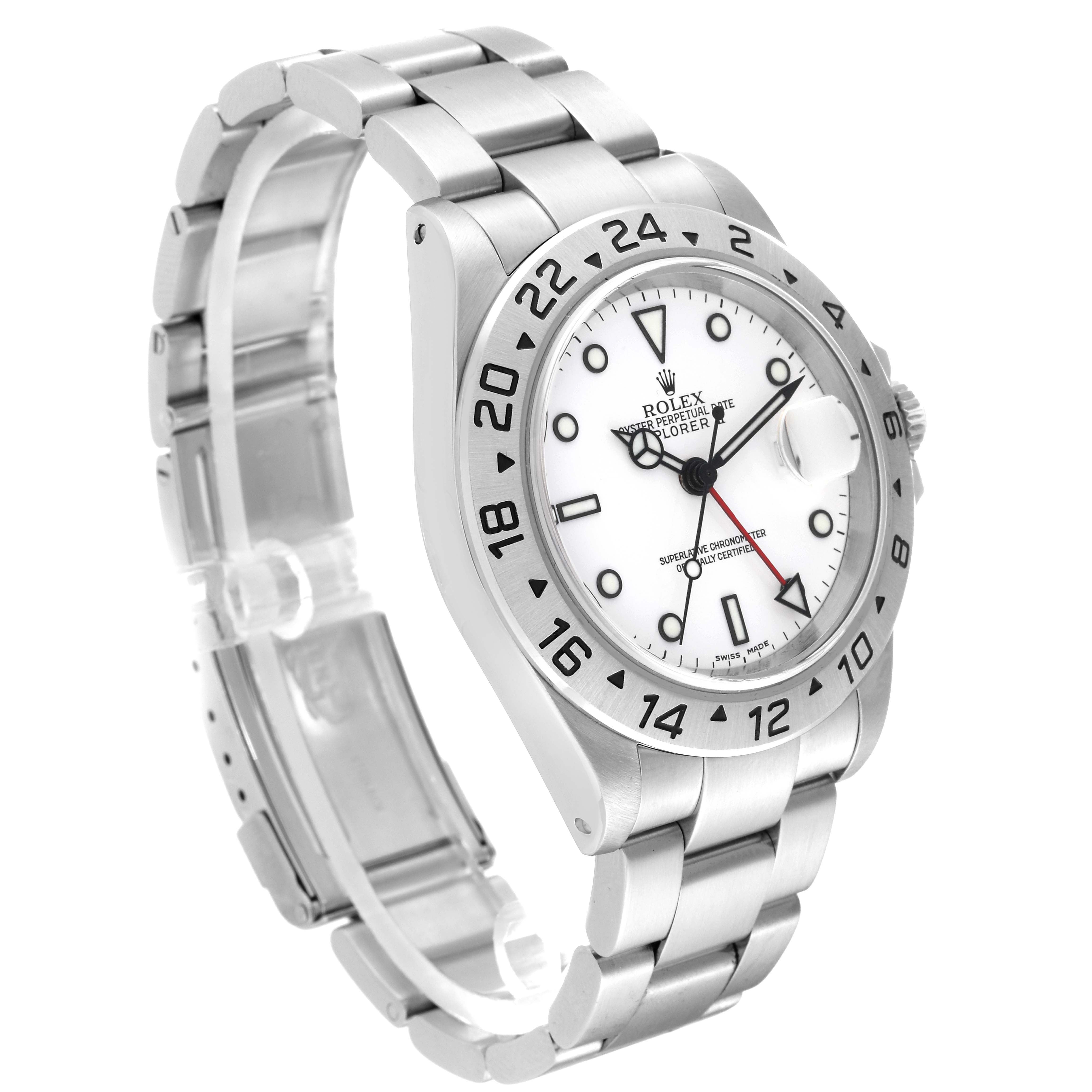 The Rolex Explorer 16570 Men's Stainless Steel White Dial 16570 Men's Stainless Steel White Dial watch is displayed at a slight angle, showcasing its dial, bezel, and bracelet.