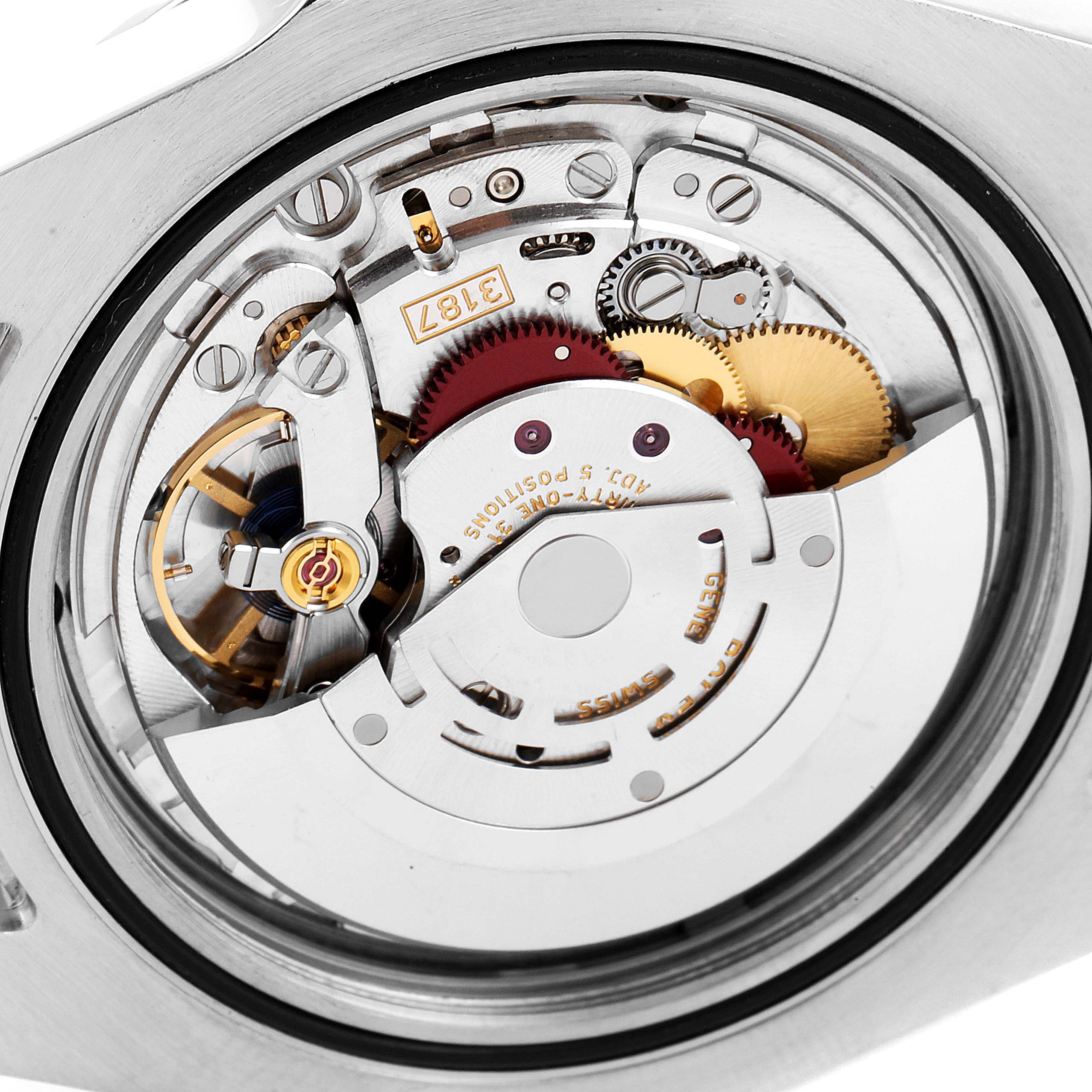 This image shows a close-up view of the movement mechanism inside the Rolex Explorer 216570 Men
s Stainless Steel Black Dial 216570 Men
s Stainless Steel Black Dial watch.