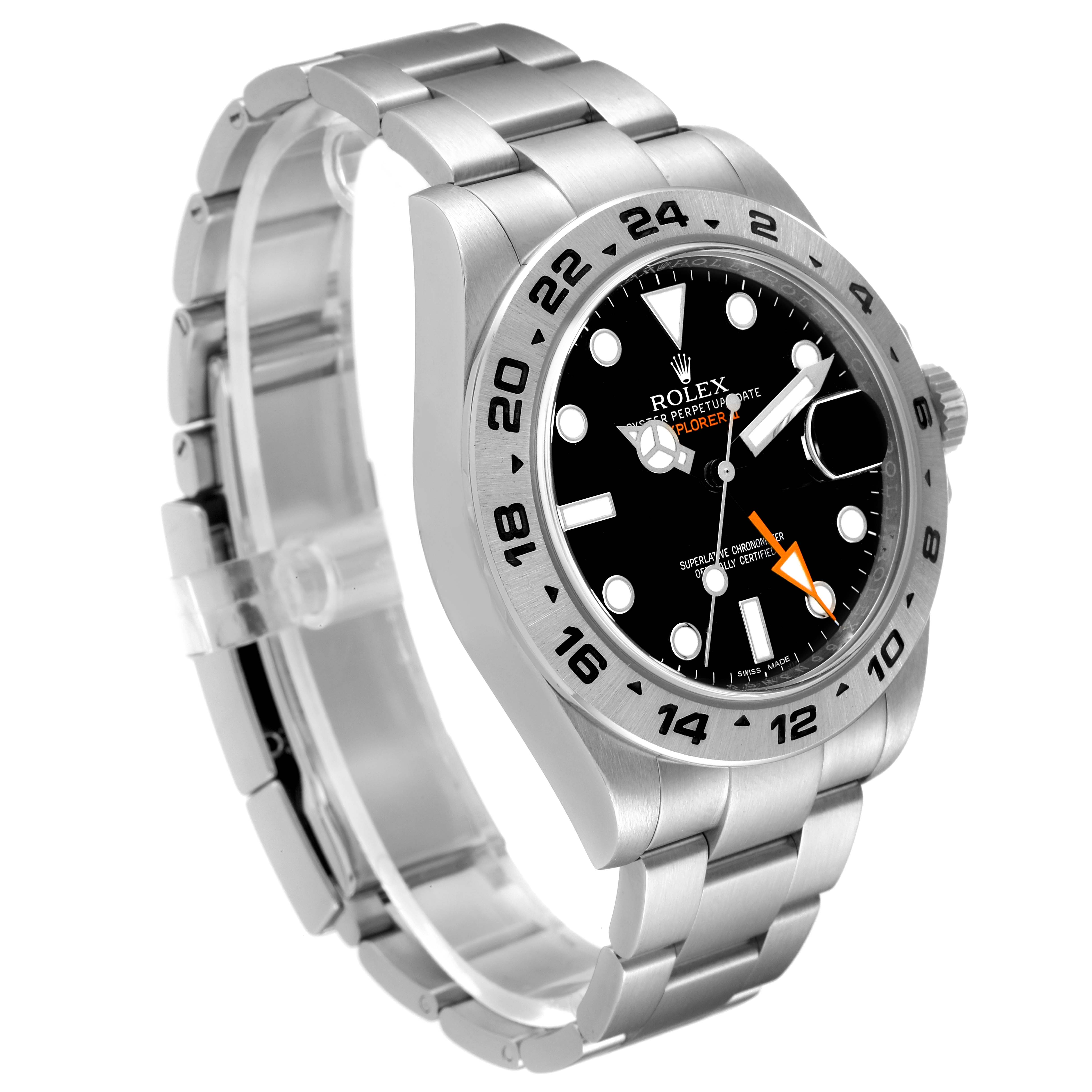 The image shows a Rolex Explorer 216570 Men
s Stainless Steel Black Dial 216570 Men
s Stainless Steel Black Dial model watch at an angle, displaying its stainless steel bracelet, case, and black dial.