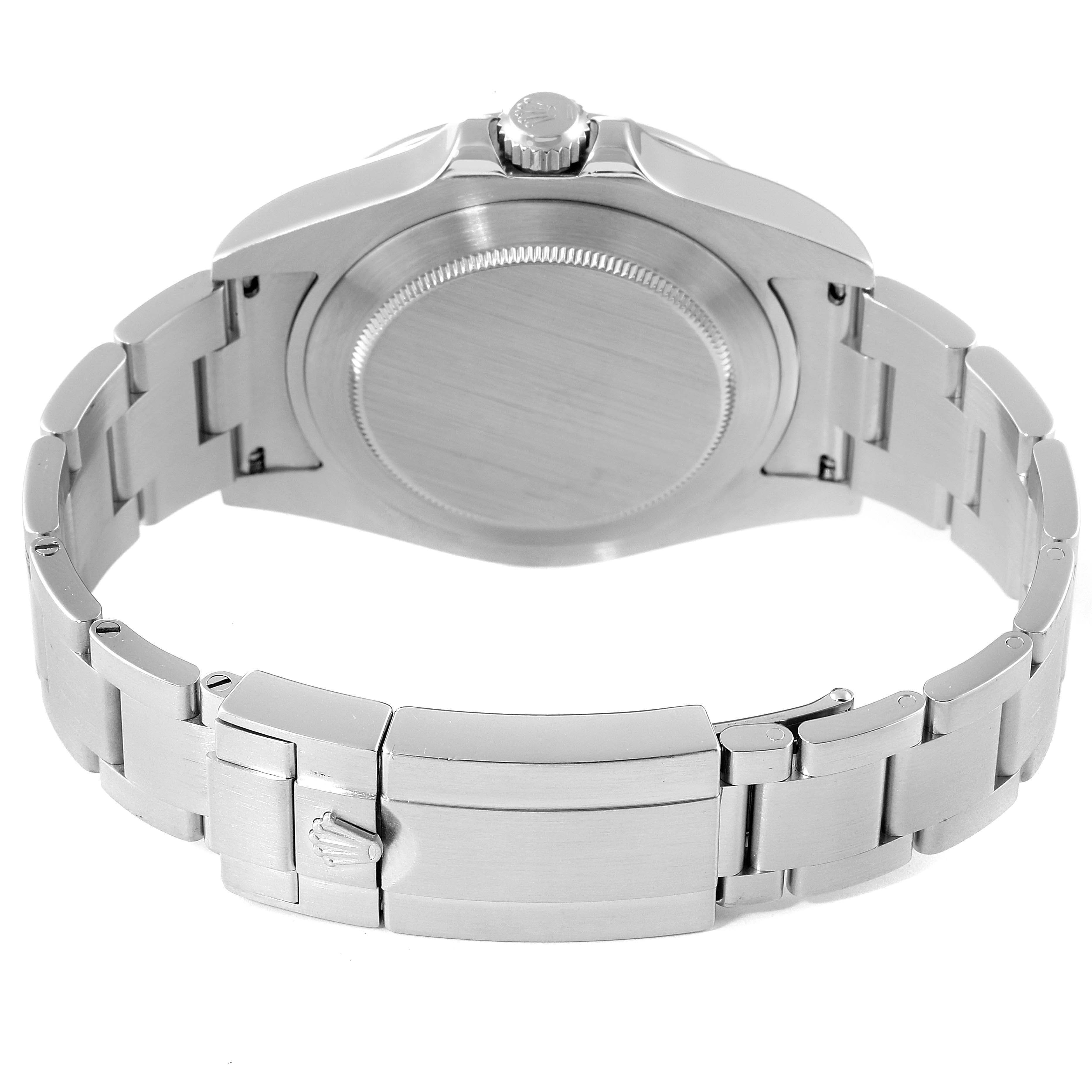 The image shows a rear view of the Rolex Explorer 216570 Men
s Stainless Steel Black Dial 216570 Men
s Stainless Steel Black Dial watch, including its back case, bracelet, and clasp.