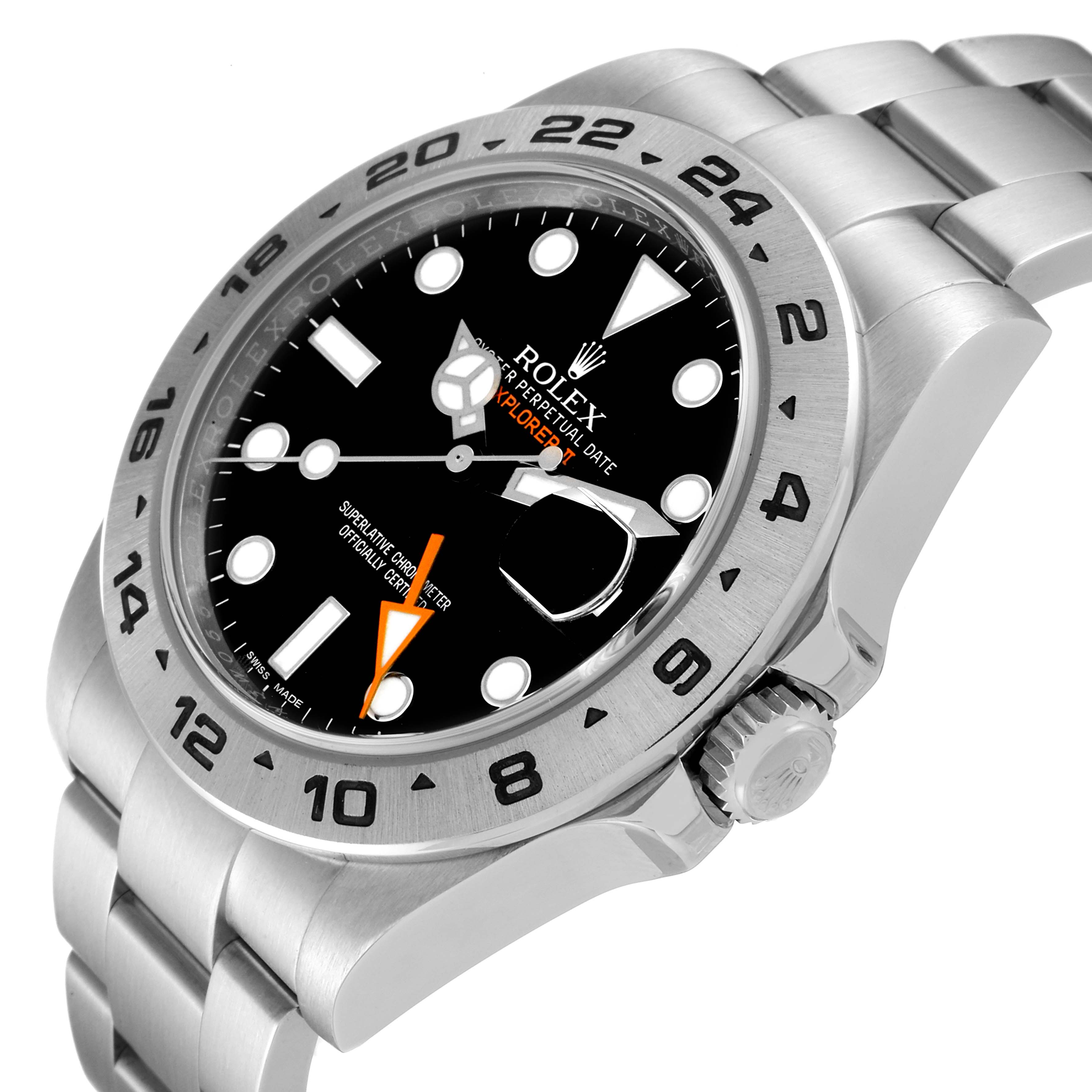 The Rolex Explorer 216570 Men
s Stainless Steel Black Dial 216570 Men
s Stainless Steel Black Dial watch is shown at an angle displaying its face, bezel, crown, and part of the bracelet.