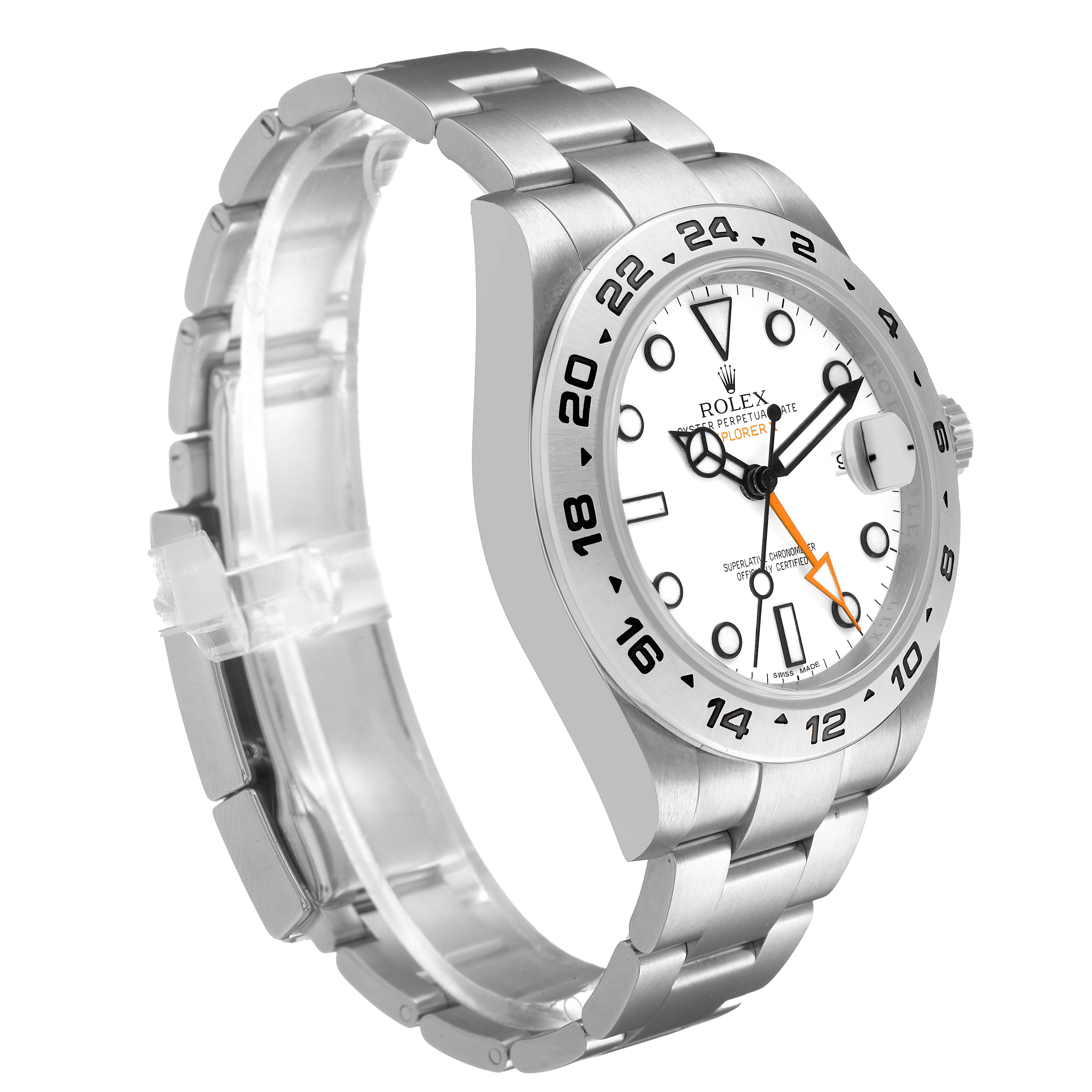 The Rolex Explorer 216570 Men's Stainless Steel White Dial watch is shown at a three-quarter angle highlighting the face, bezel, case, and bracelet.