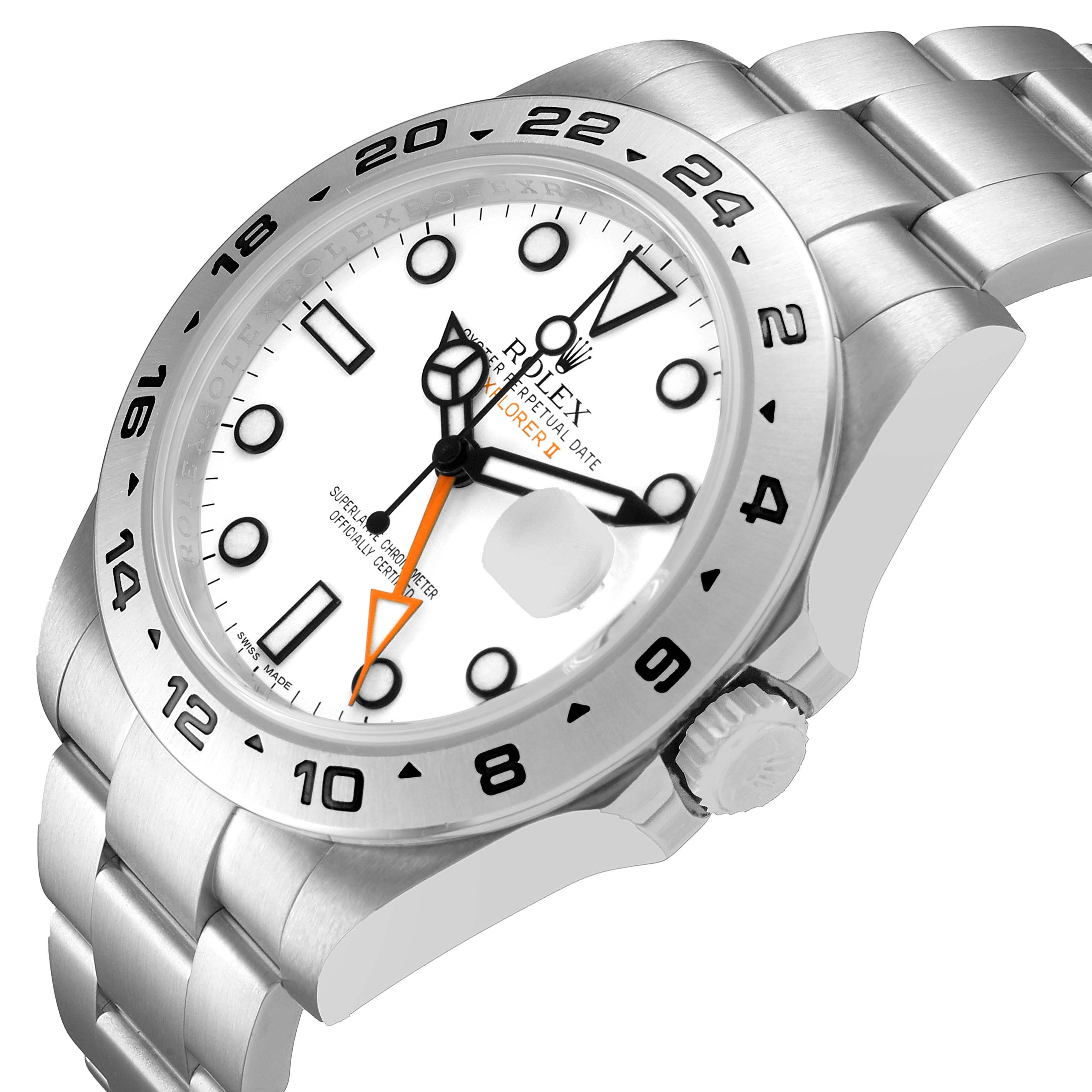 The Rolex Explorer 216570 Men's Stainless Steel White Dial model watch is shown at an angle highlighting its face, bezel, crown, and part of the bracelet.