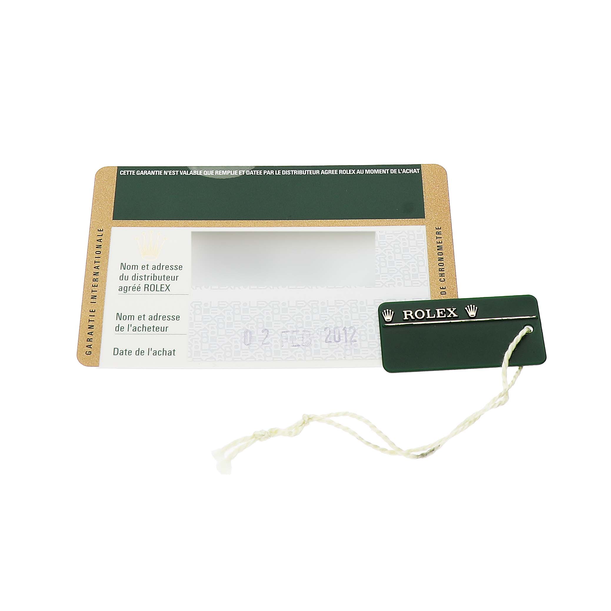 The image shows the warranty card and hang tag for a Rolex Explorer 216570 Men's Stainless Steel White Dial watch.