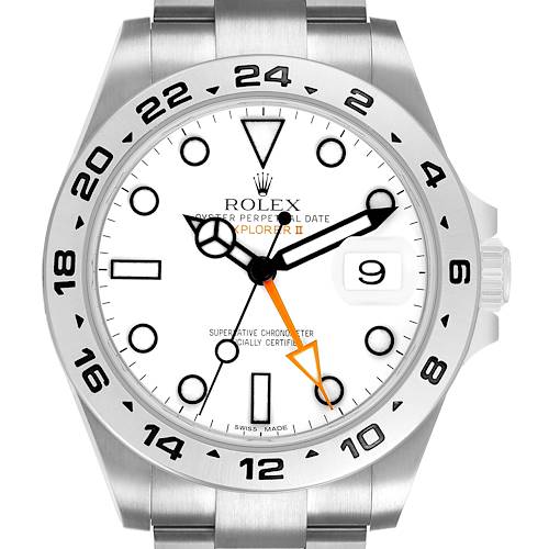 The Rolex Explorer 216570 Men's Stainless Steel White Dial watch is shown from the front, highlighting its dial, hands, bezel, and part of the bracelet.