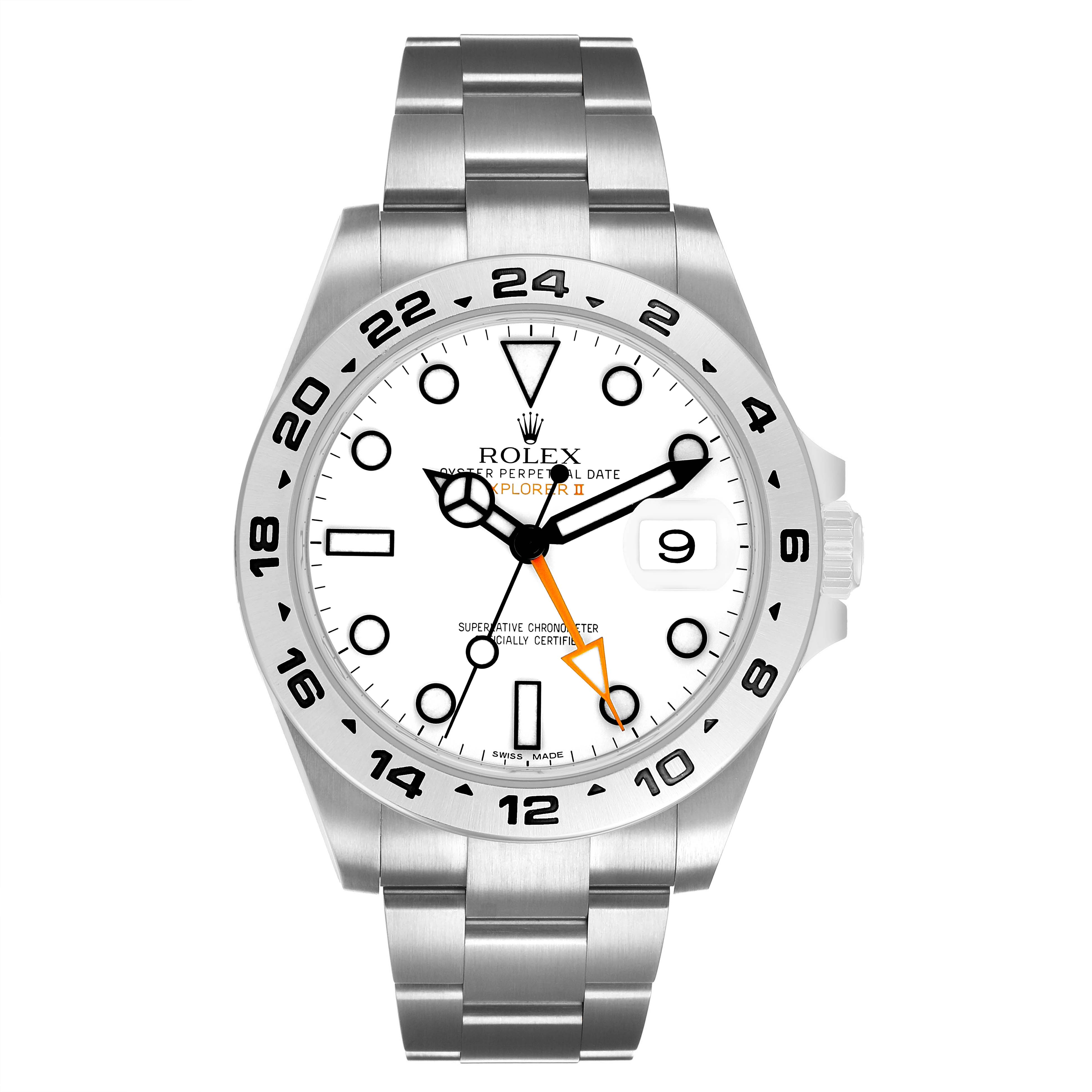 The Rolex Explorer 216570 Men's Stainless Steel White Dial watch is shown from a front angle, displaying its dial, bezel, and bracelet.